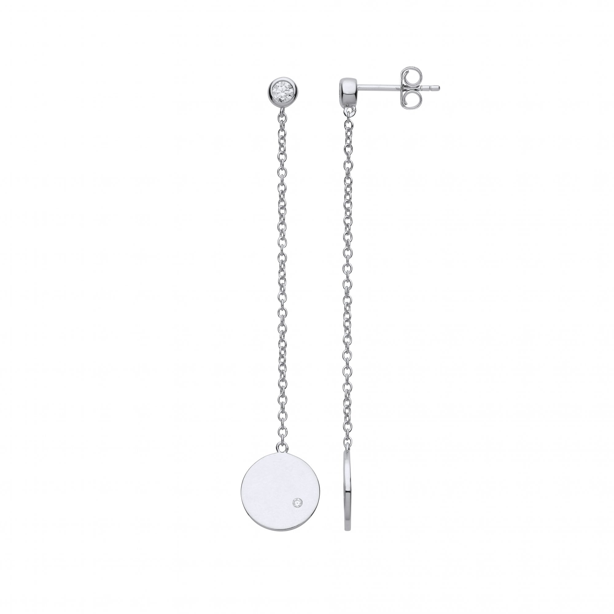 925 Sterling Silver Chain Drop CZ Earrings With 925 Sterling Silver Disc