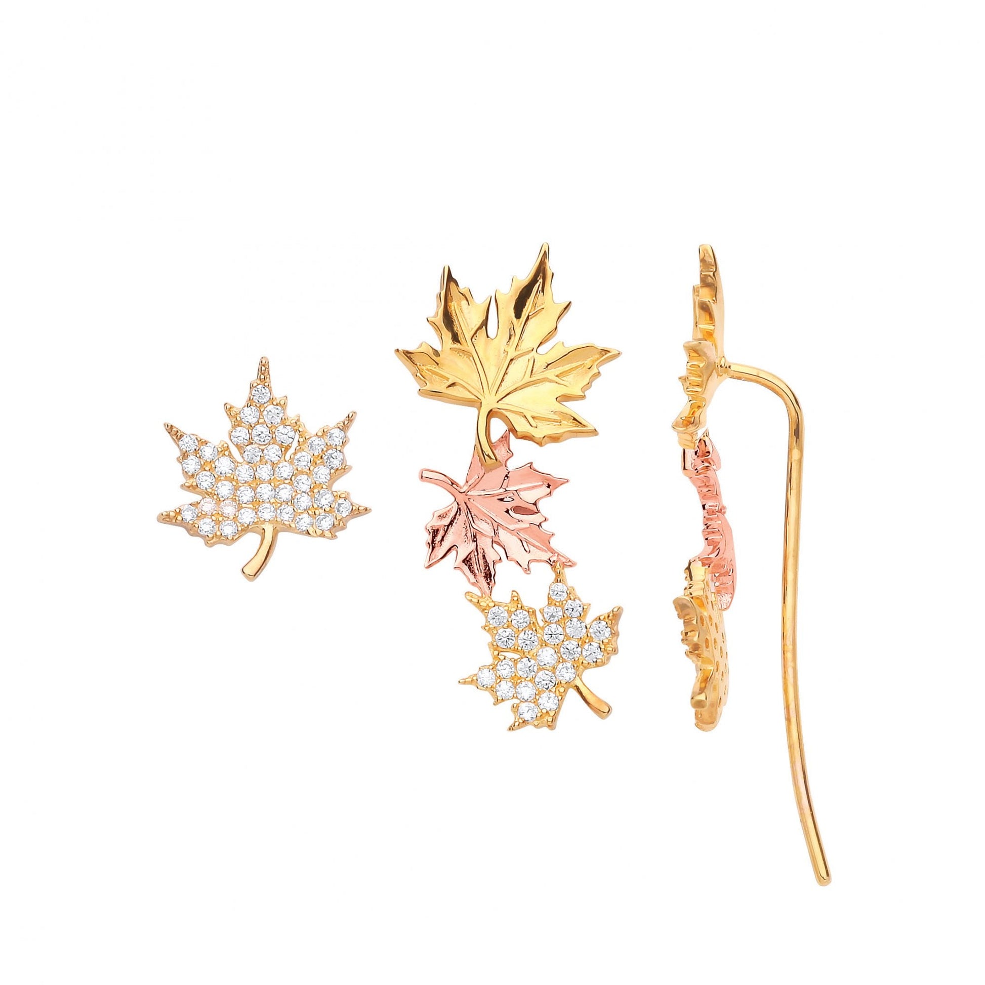 Gold Plated 2 Piece CZ Set Stud & Slide Up Maple Leaf Earrings