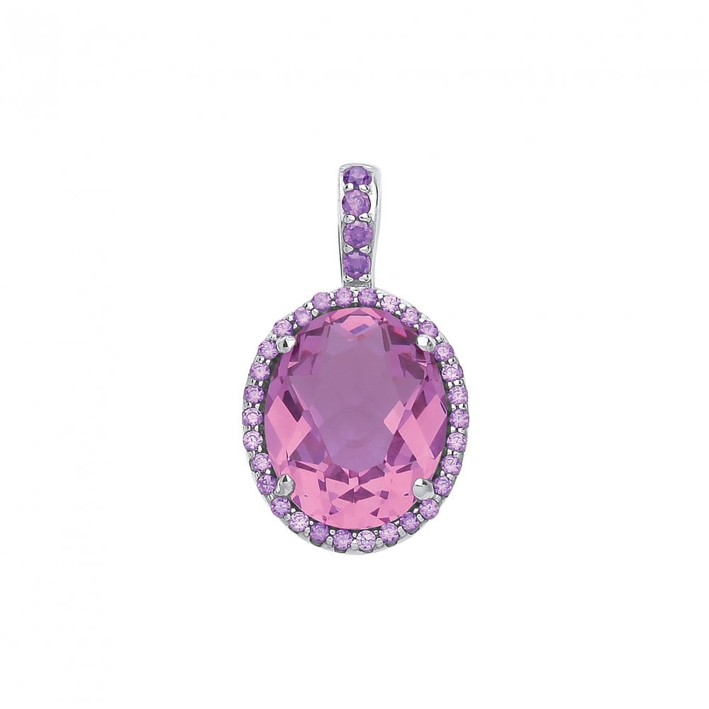 925 Sterling Silver CZ & Amethyst Oval Pendant