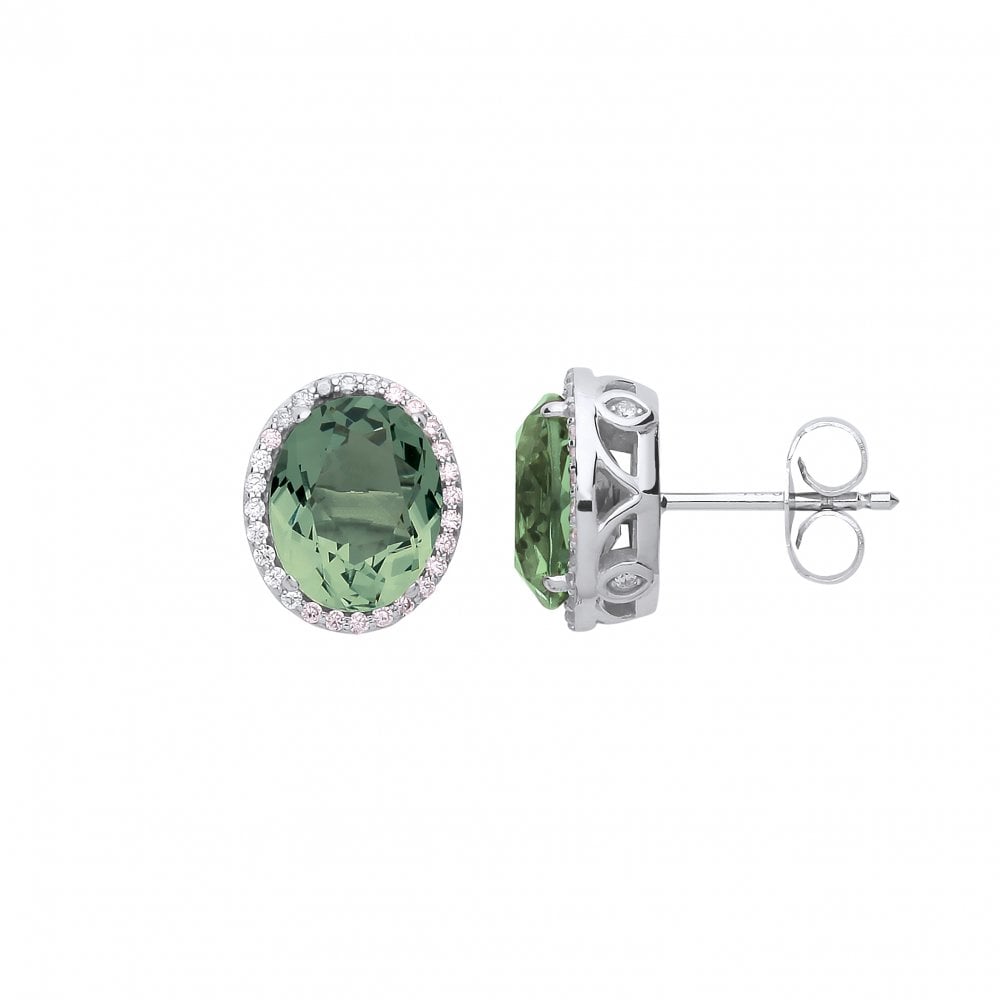 925 Sterling Silver CZ & Light Olive Stone Stone Stud Earrings