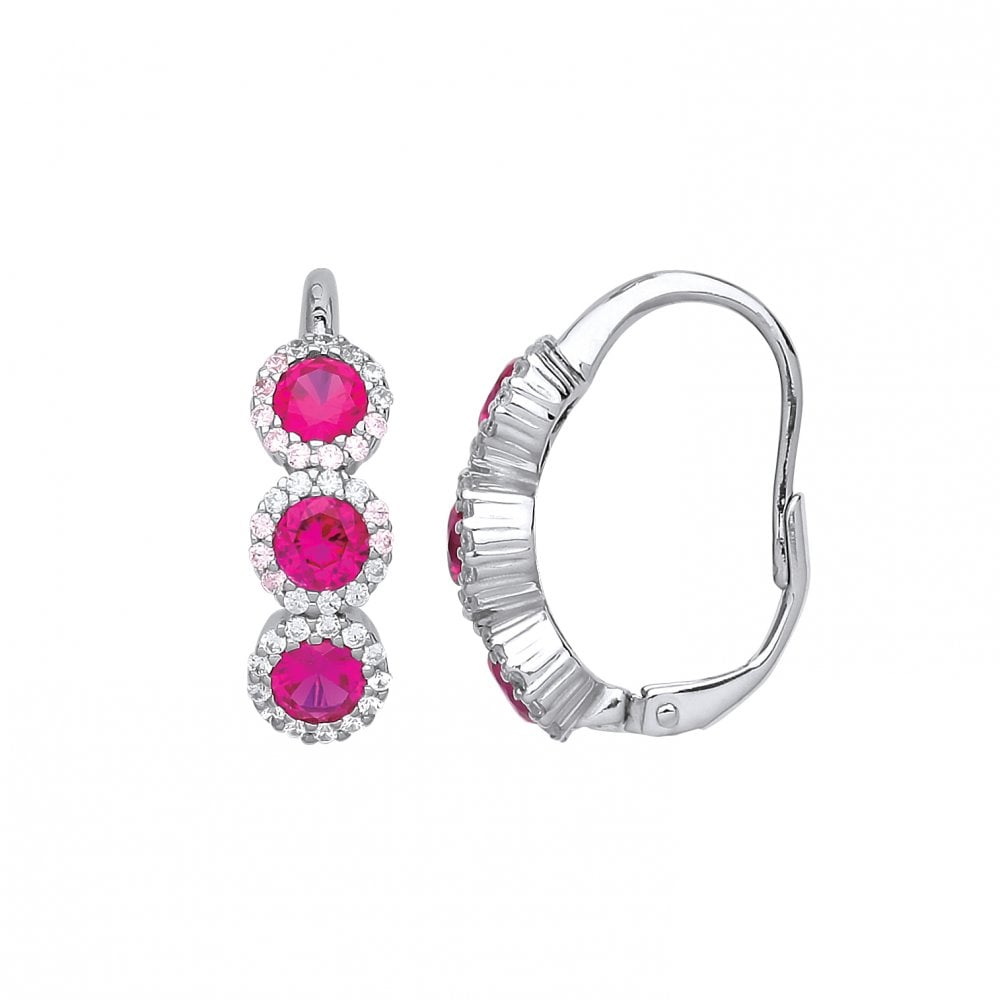 925 Sterling Silver Triple CZ & Ruby Drop Earrings