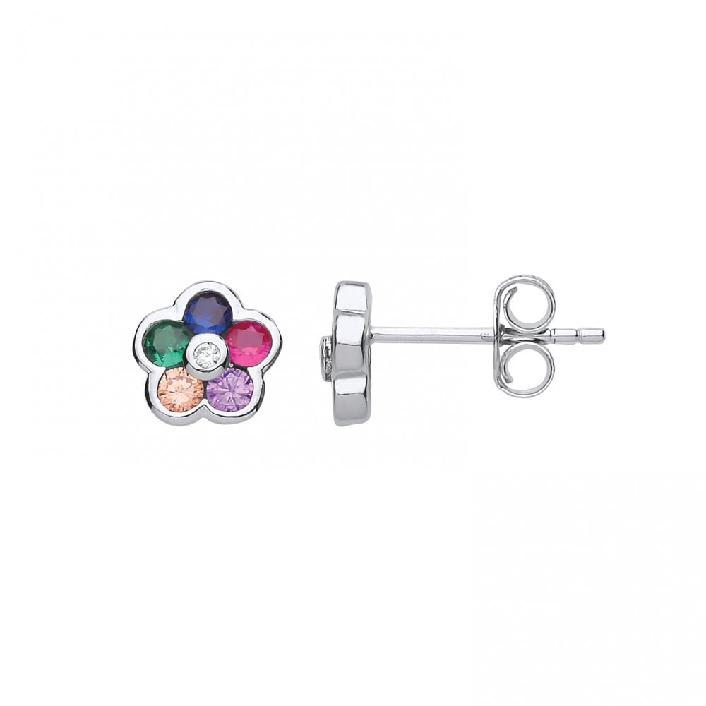 925 Sterling Silver Multi Colour CZ Flower Stud Earrings