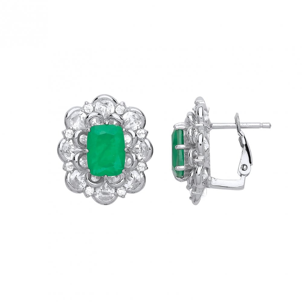 925 Sterling Silver CZ & Emerald Fancy Stud Earrings