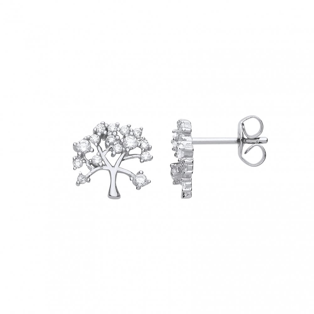 925 Sterling Silver CZ Tree Of Life Stud Earrings