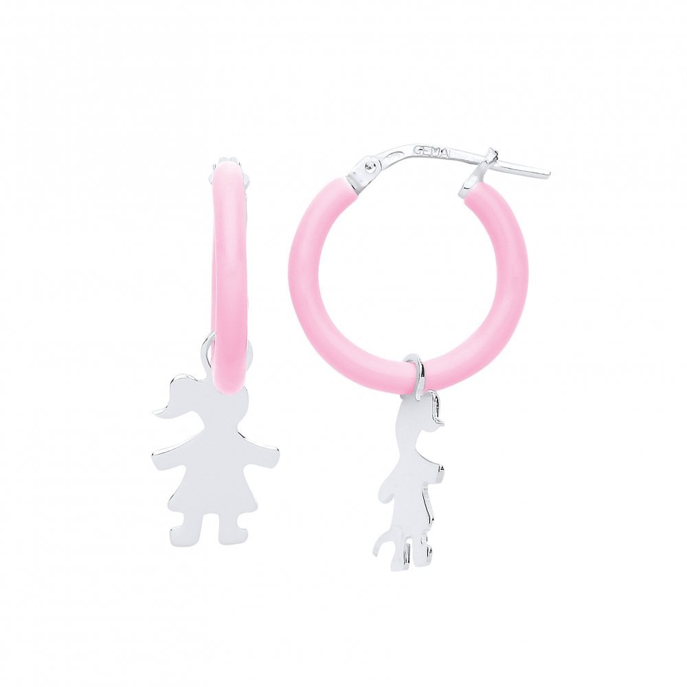 925 Sterling Silver Pink Enamel Hoops With 925 Sterling Silver Little Girl Charms