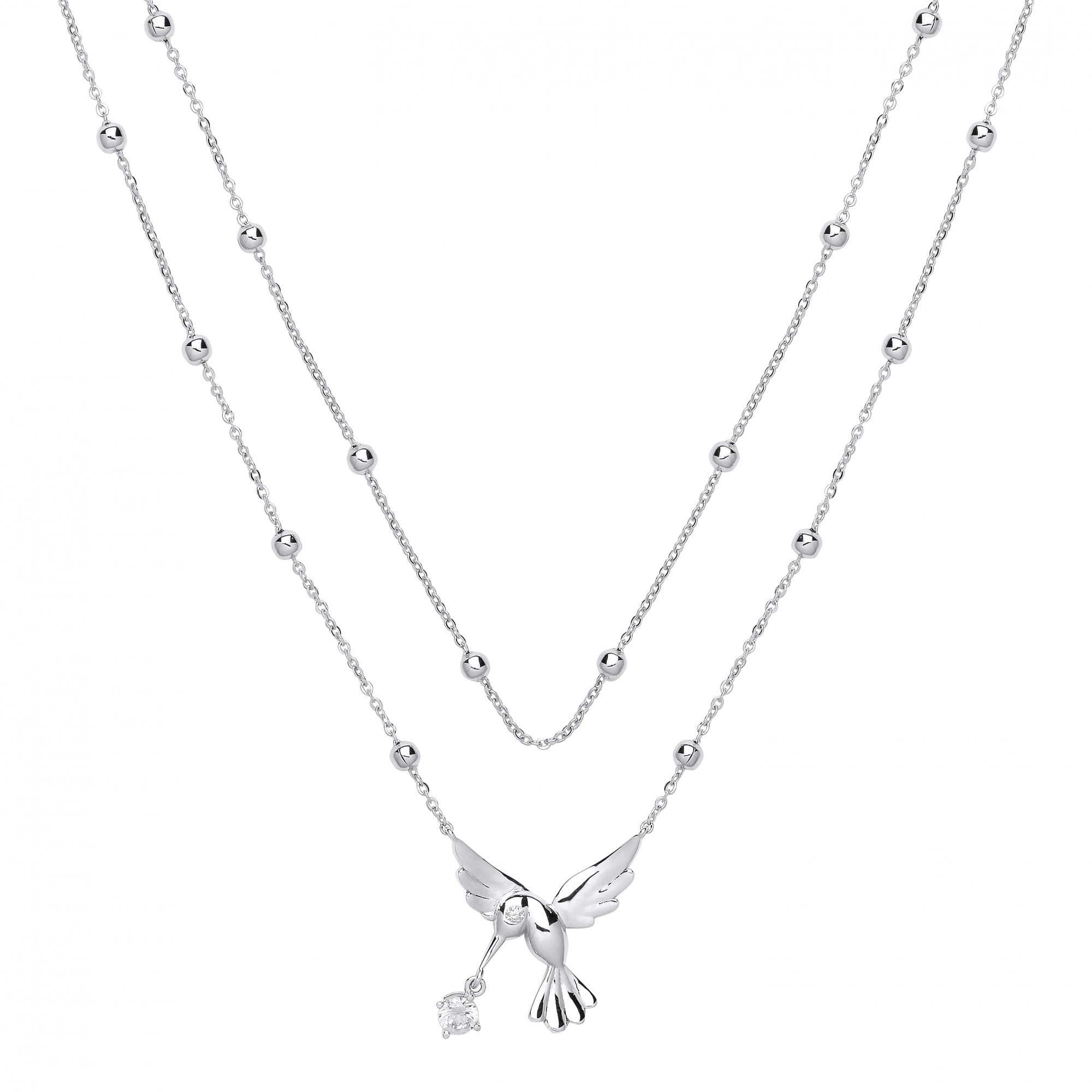 925 Sterling Silver Double Bead Chain With A CZ Bird Pendant