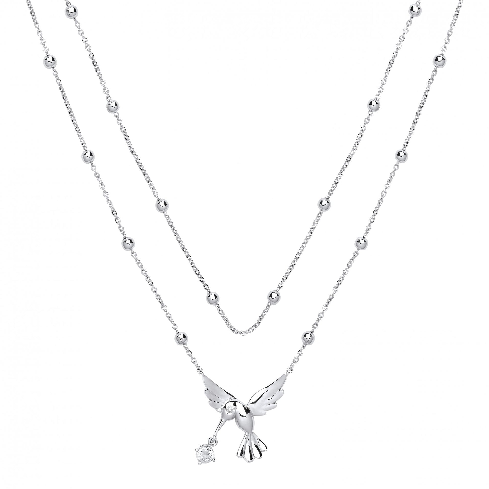 925 Sterling Silver Double Bead Chain With A CZ Bird Pendant