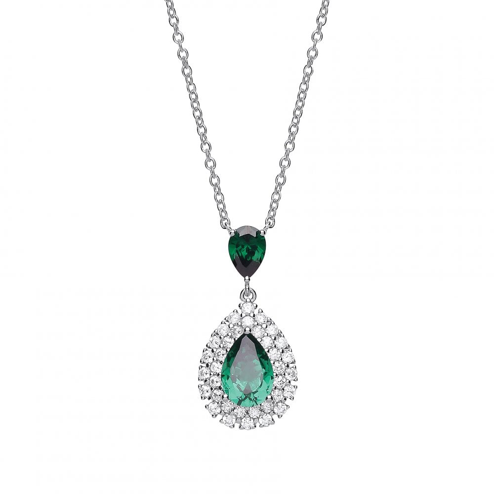 925 Sterling Silver Necklace With CZ & Emerald Fancy Pear Drop Pendant