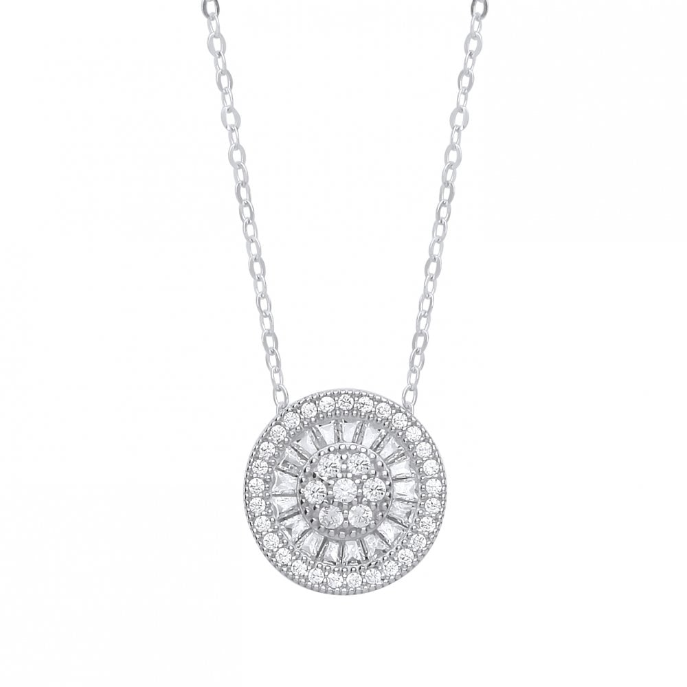 925 Sterling Silver Baguette CZ Halo Pendant Necklace