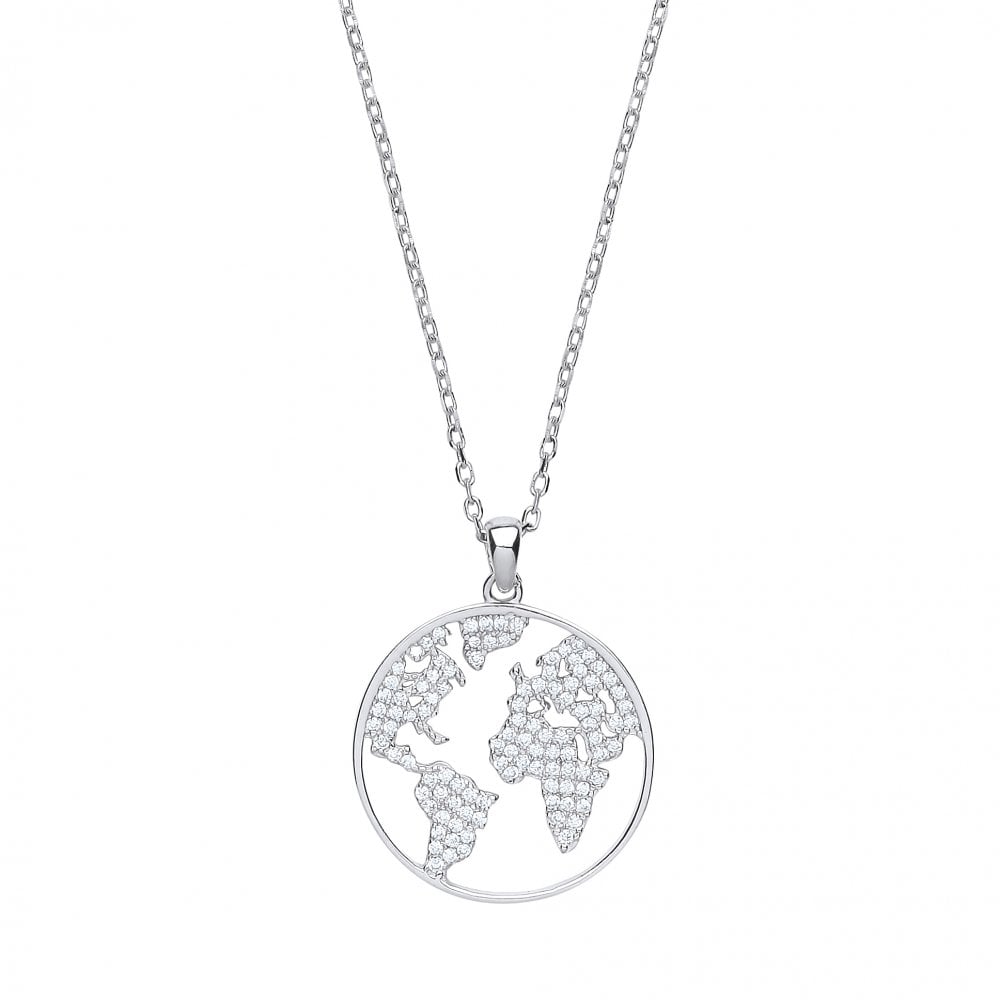 925 Sterling Silver CZ World Globe Map Pendant Necklace
