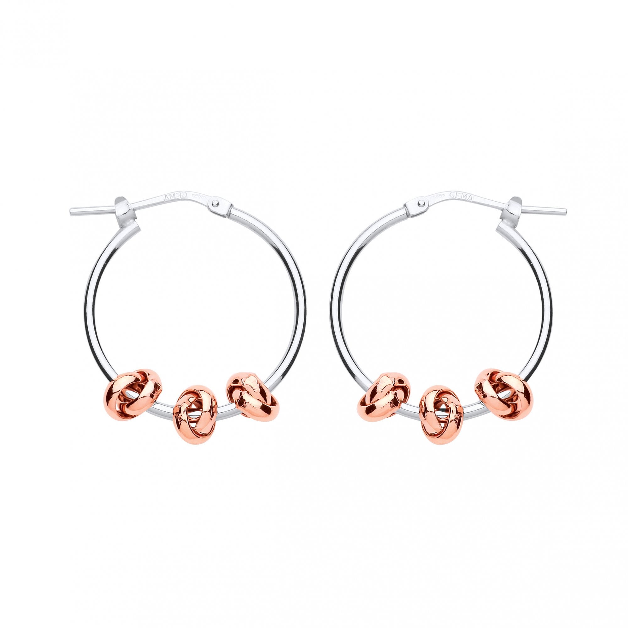 925 Sterling Silver Hoop Earrings With Rose Gold Trio Circle Link Feature
