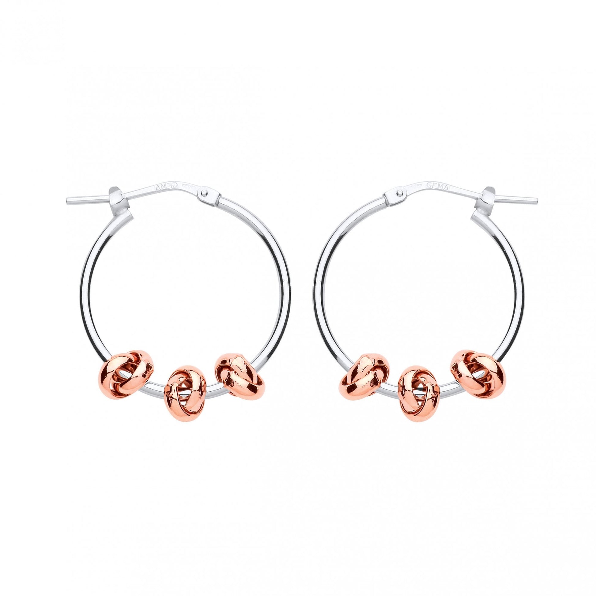 925 Sterling Silver Hoop Earrings With Rose Gold Trio Circle Link Feature