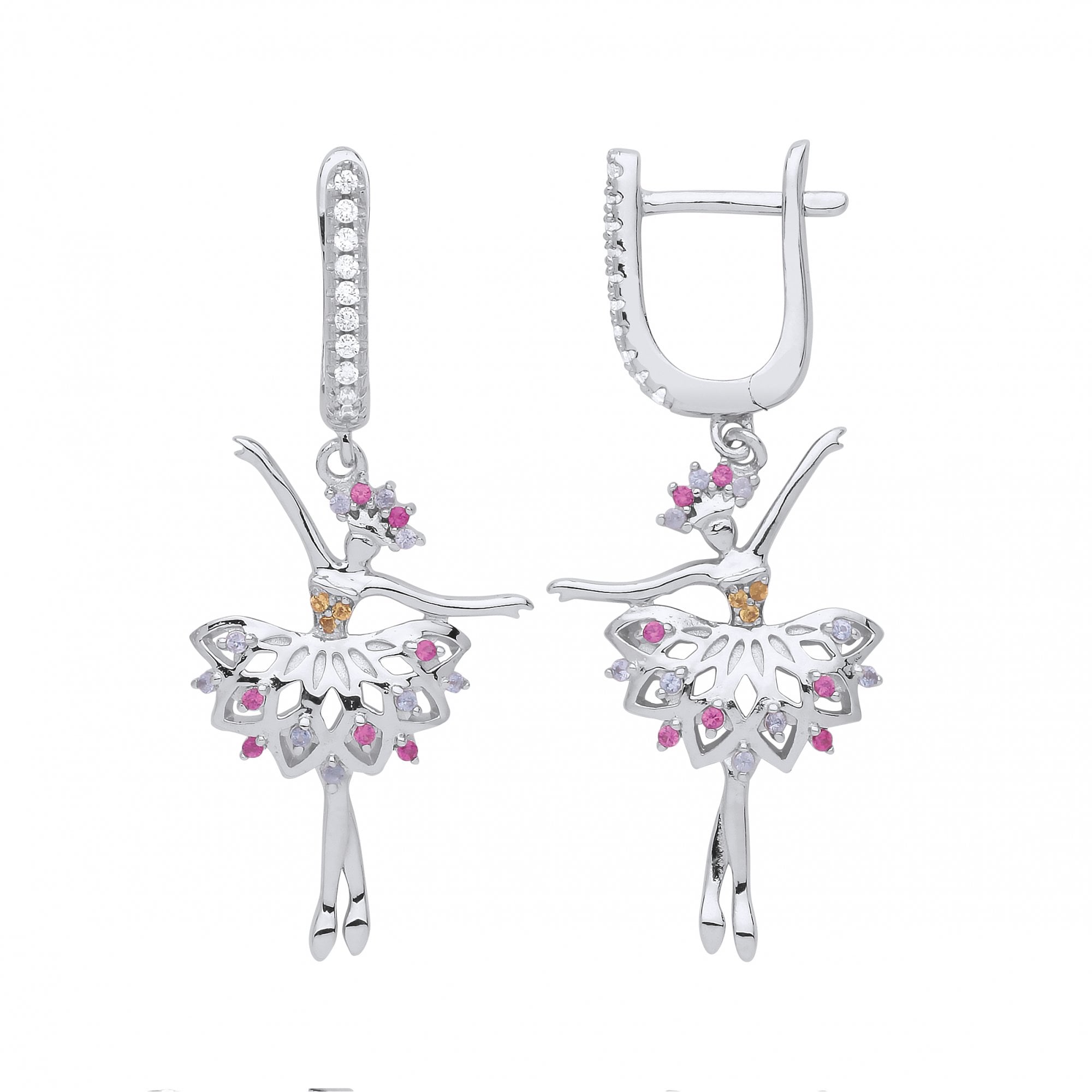 Silver CZ & Ruby Ballerina Drop Earrings