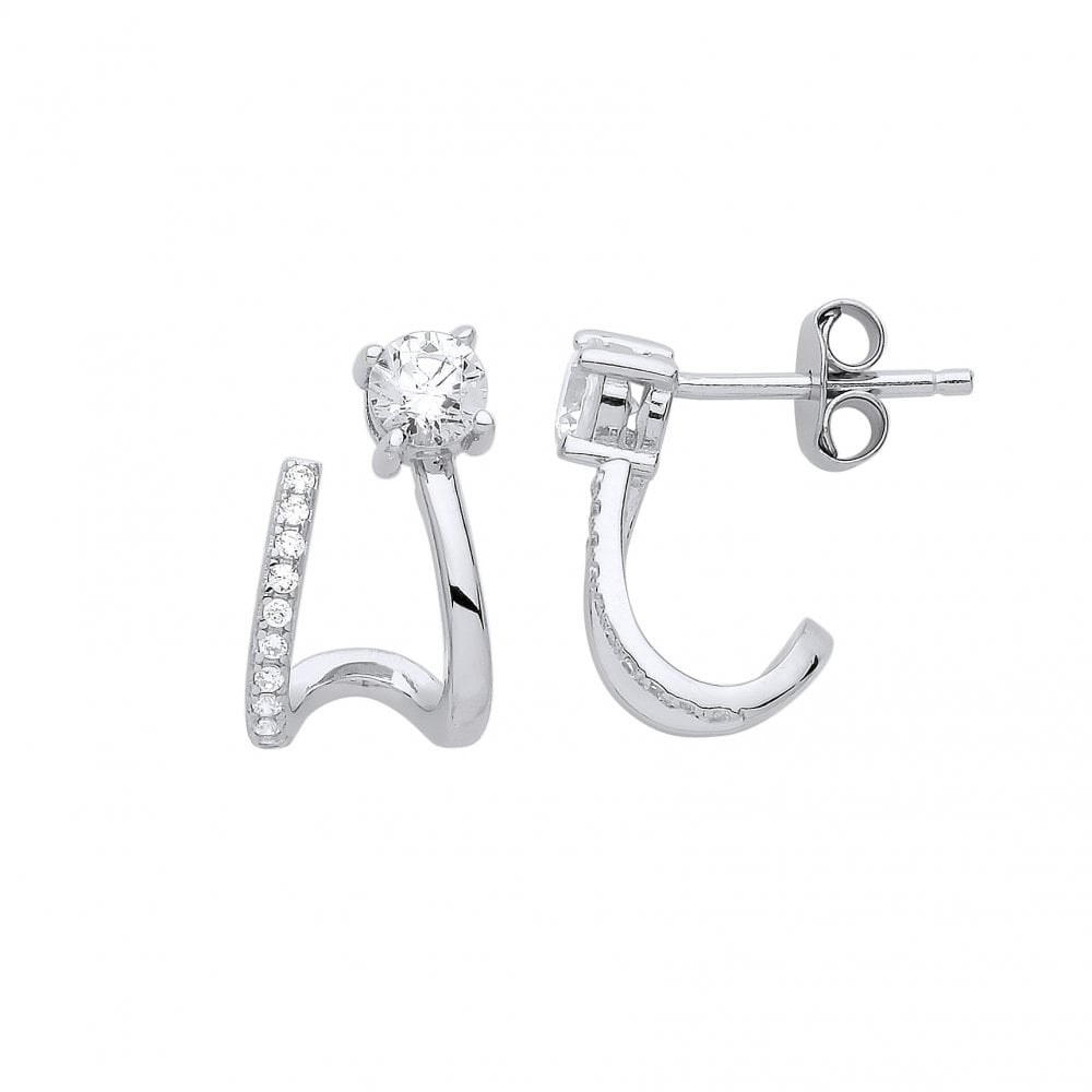 925 Sterling Silver CZ Two Row Curve Drop Earrings