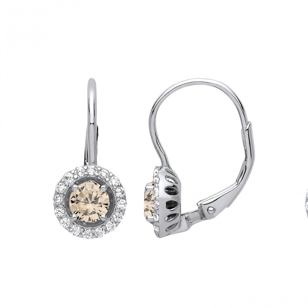 925 Sterling Silver CZ & Yellow Citrine Round Drop Earrings
