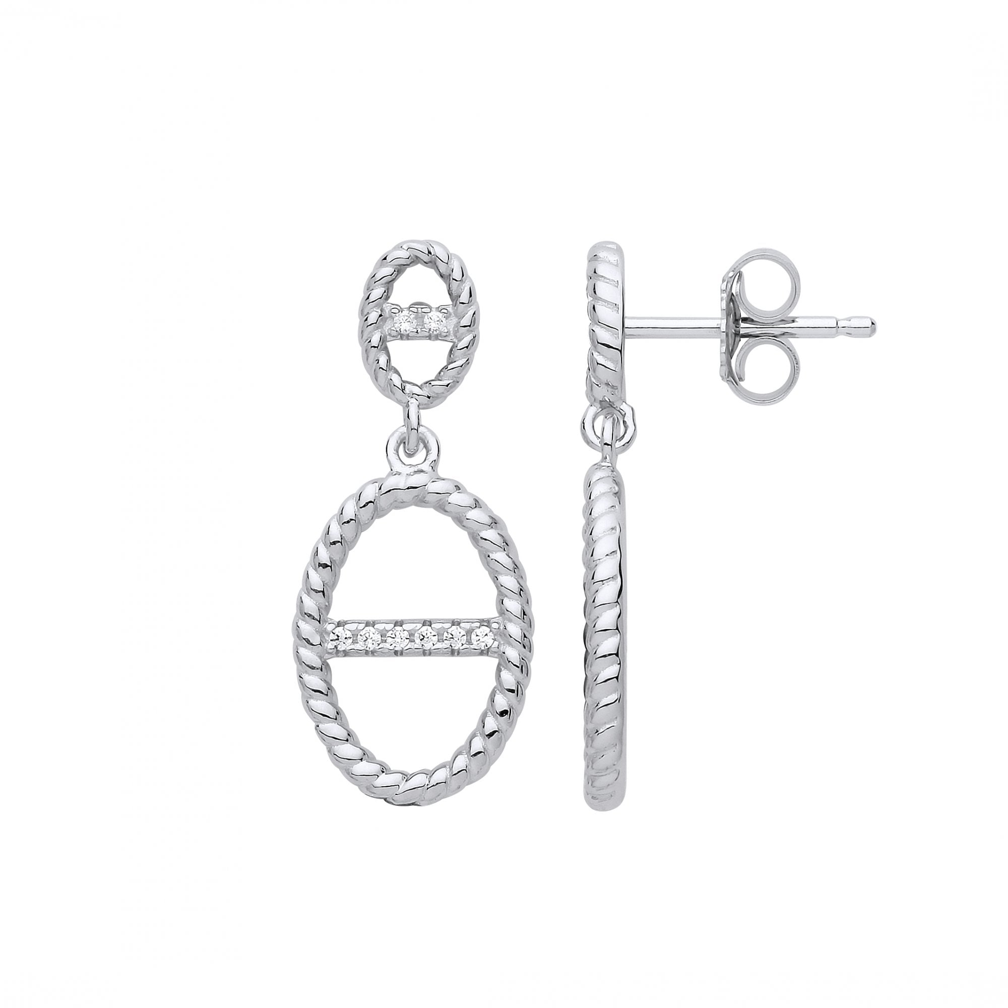 Silver CZ Oval Cutout Drop Earrings