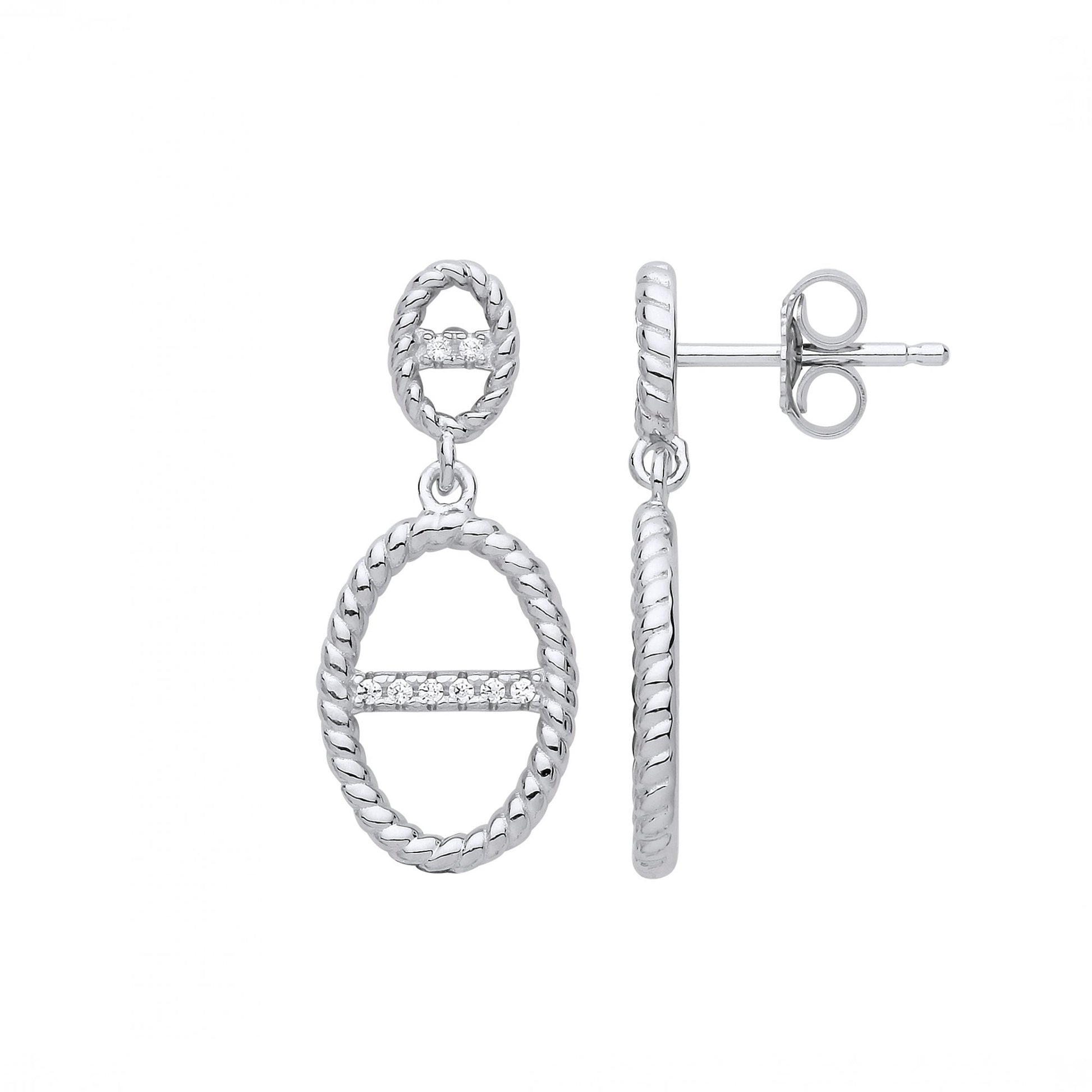 Silver CZ Oval Cutout Drop Earrings