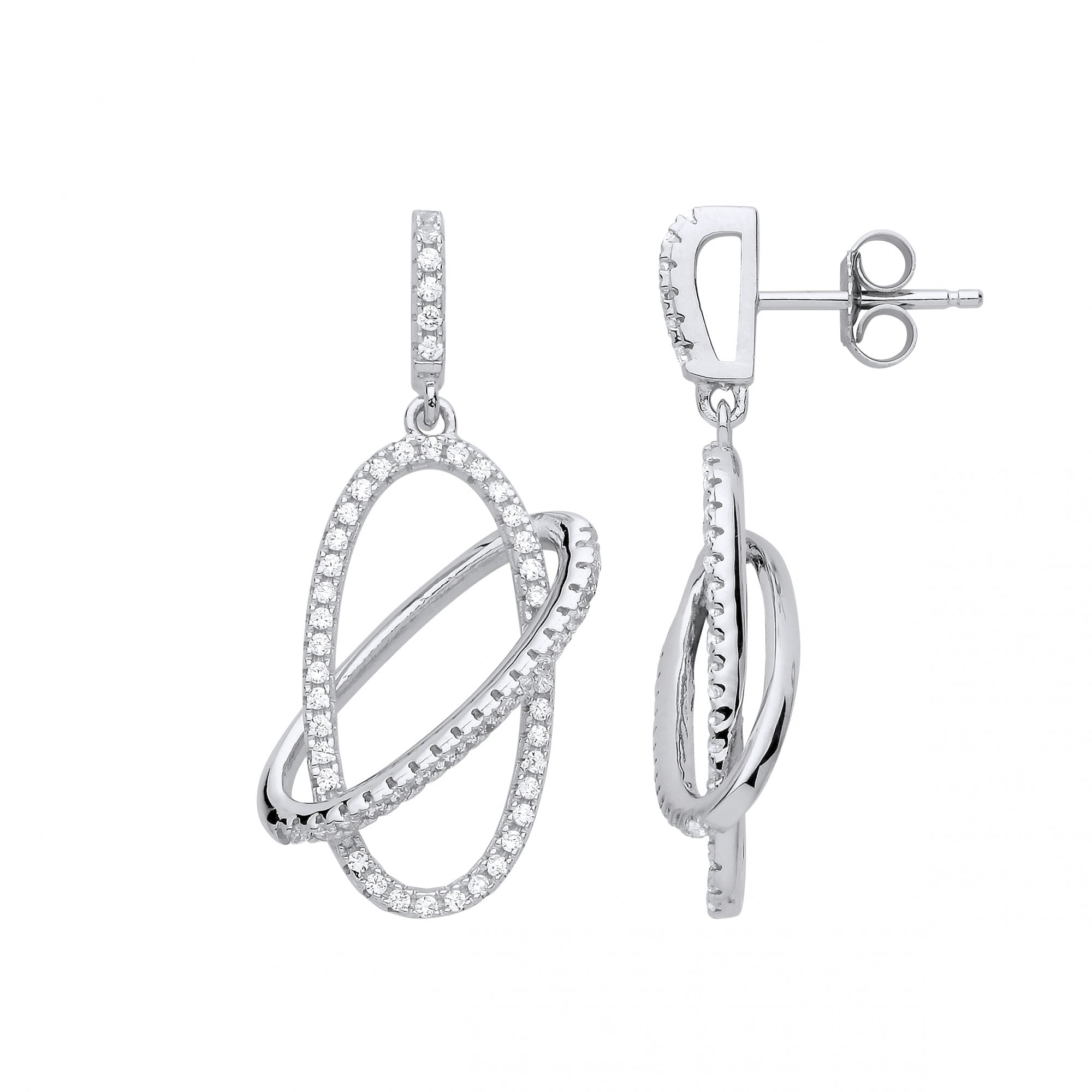 Silver CZ Entwined Oval Drop Earrings