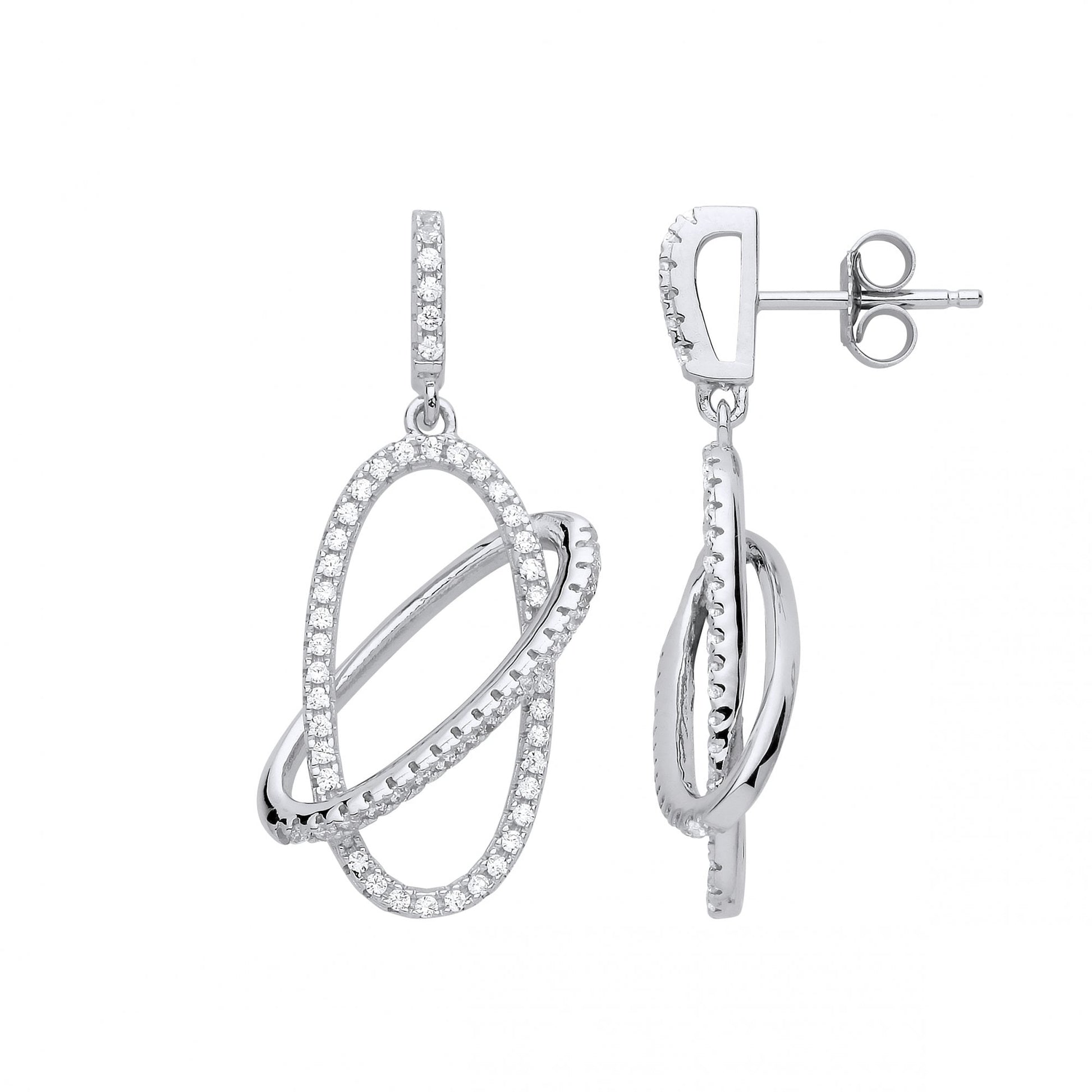 Silver CZ Entwined Oval Drop Earrings