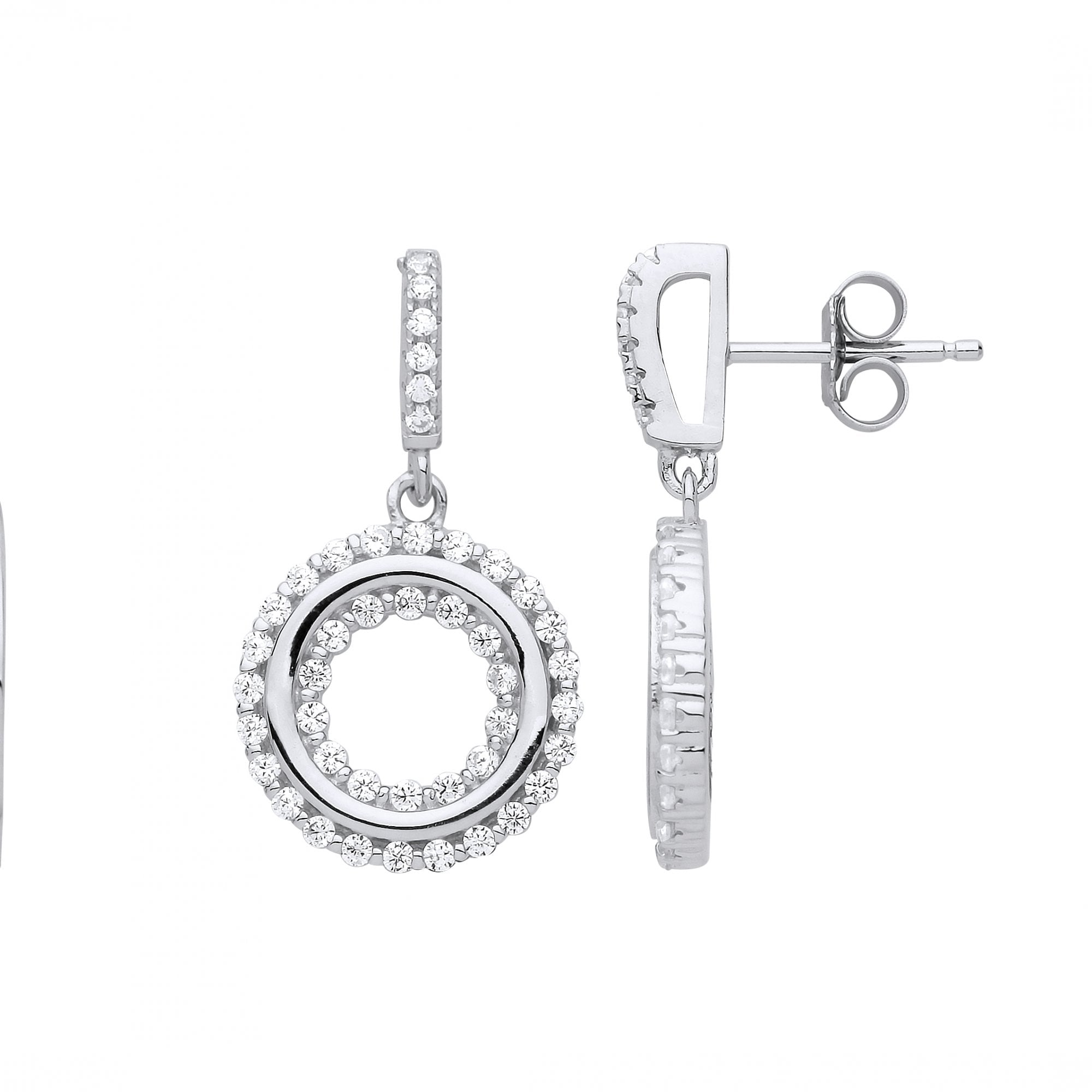 Silver CZ Cutout Circle Fancy Drop Earrings