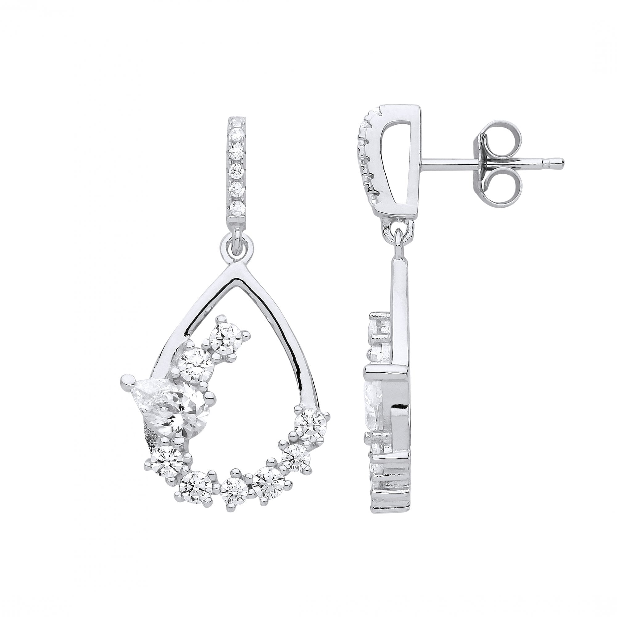 Silver CZ Asymmetrical Cutout Teardrop Drop Earrings