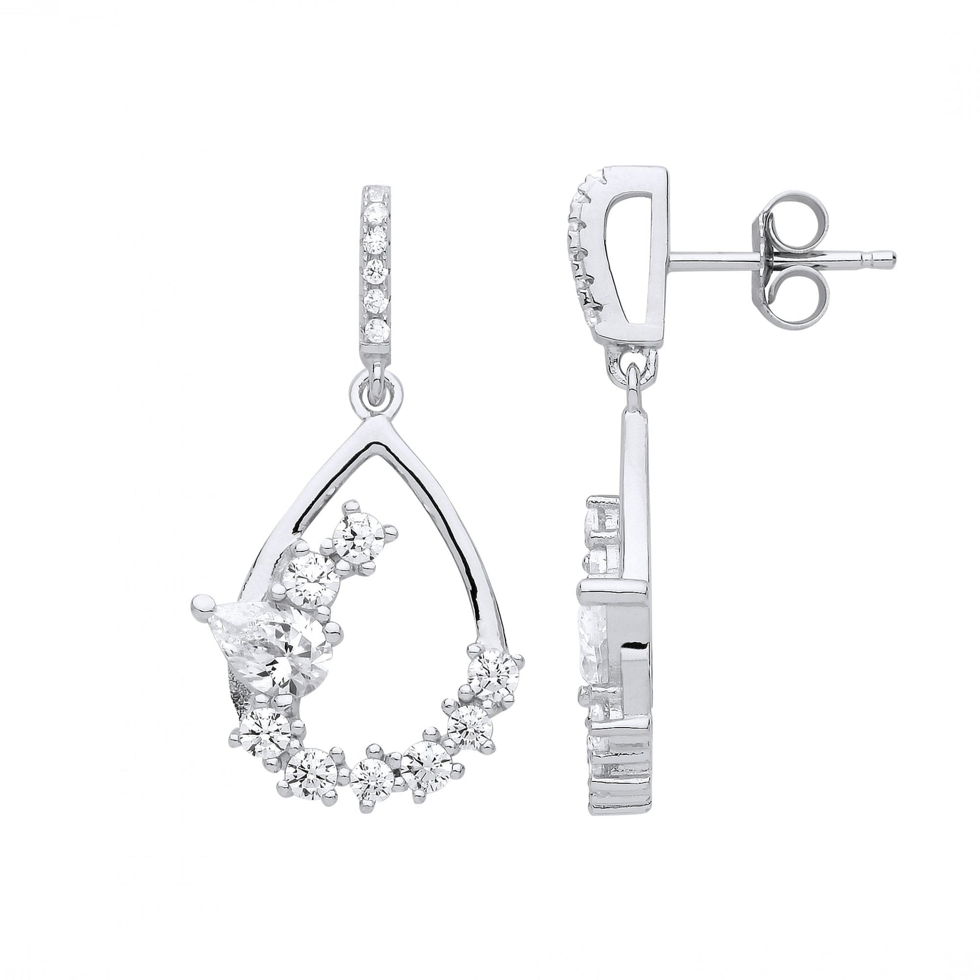 Silver CZ Asymmetrical Cutout Teardrop Drop Earrings