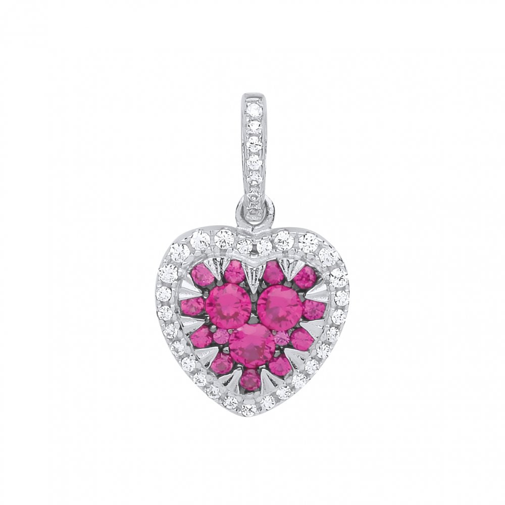 925 Sterling Silver CZ & Ruby Pave Set Heart Pendant