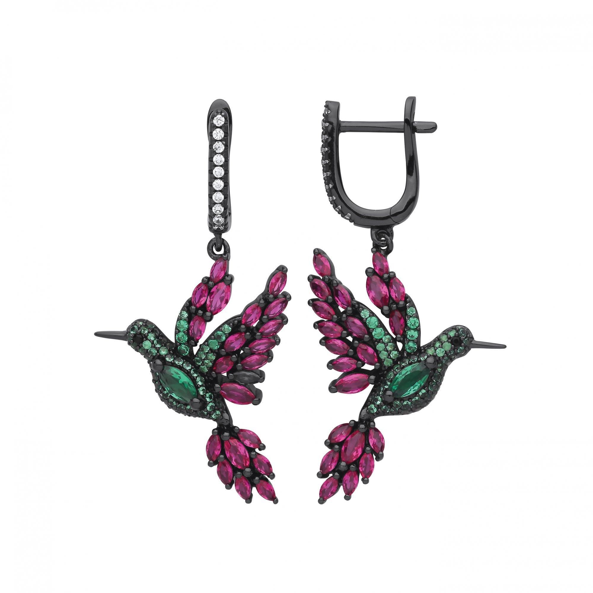 Silver Ruby & Emerald Flamingo Drop Earrings
