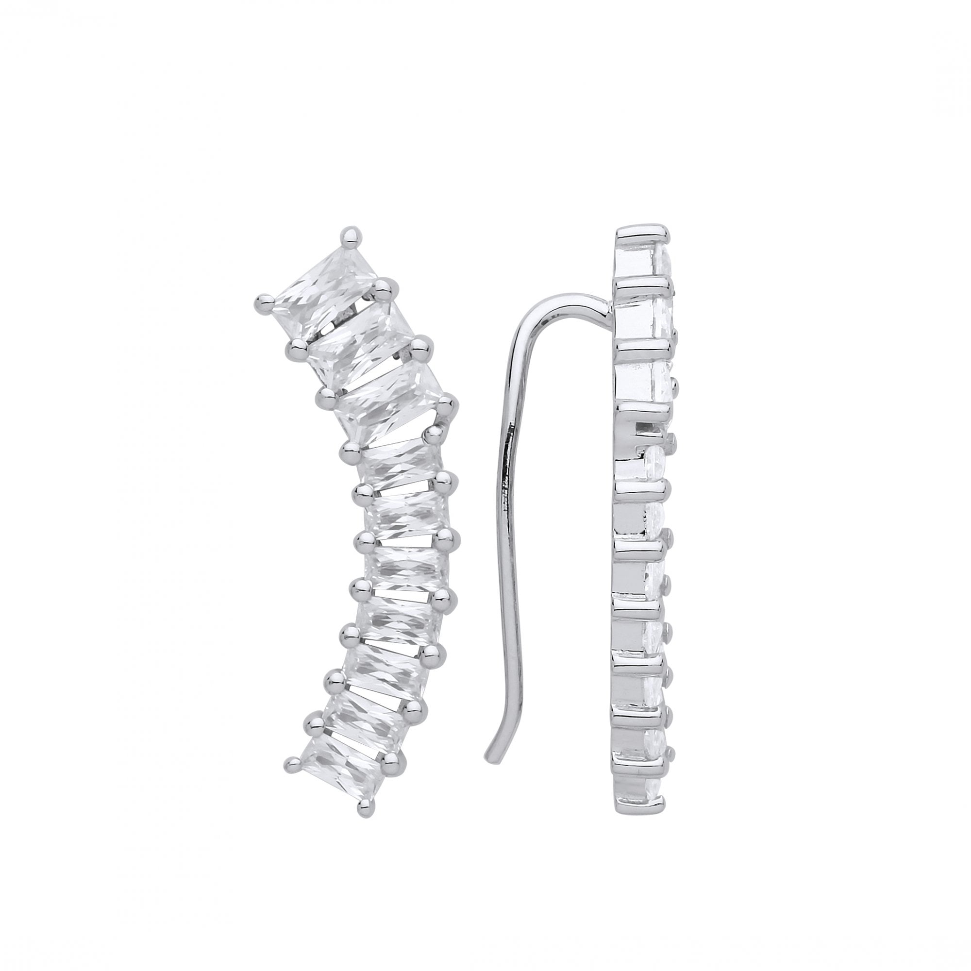 Silver CZ Curved Bar Earrings