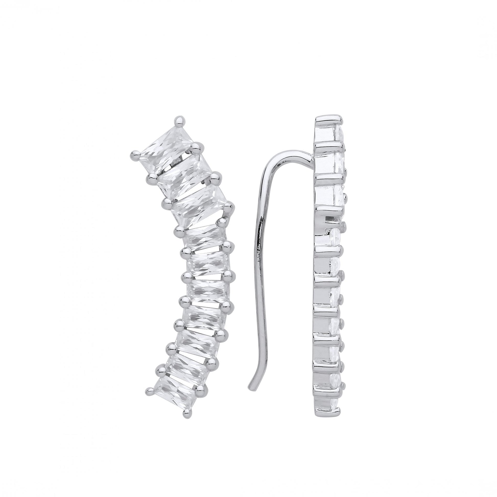 Silver CZ Curved Bar Earrings