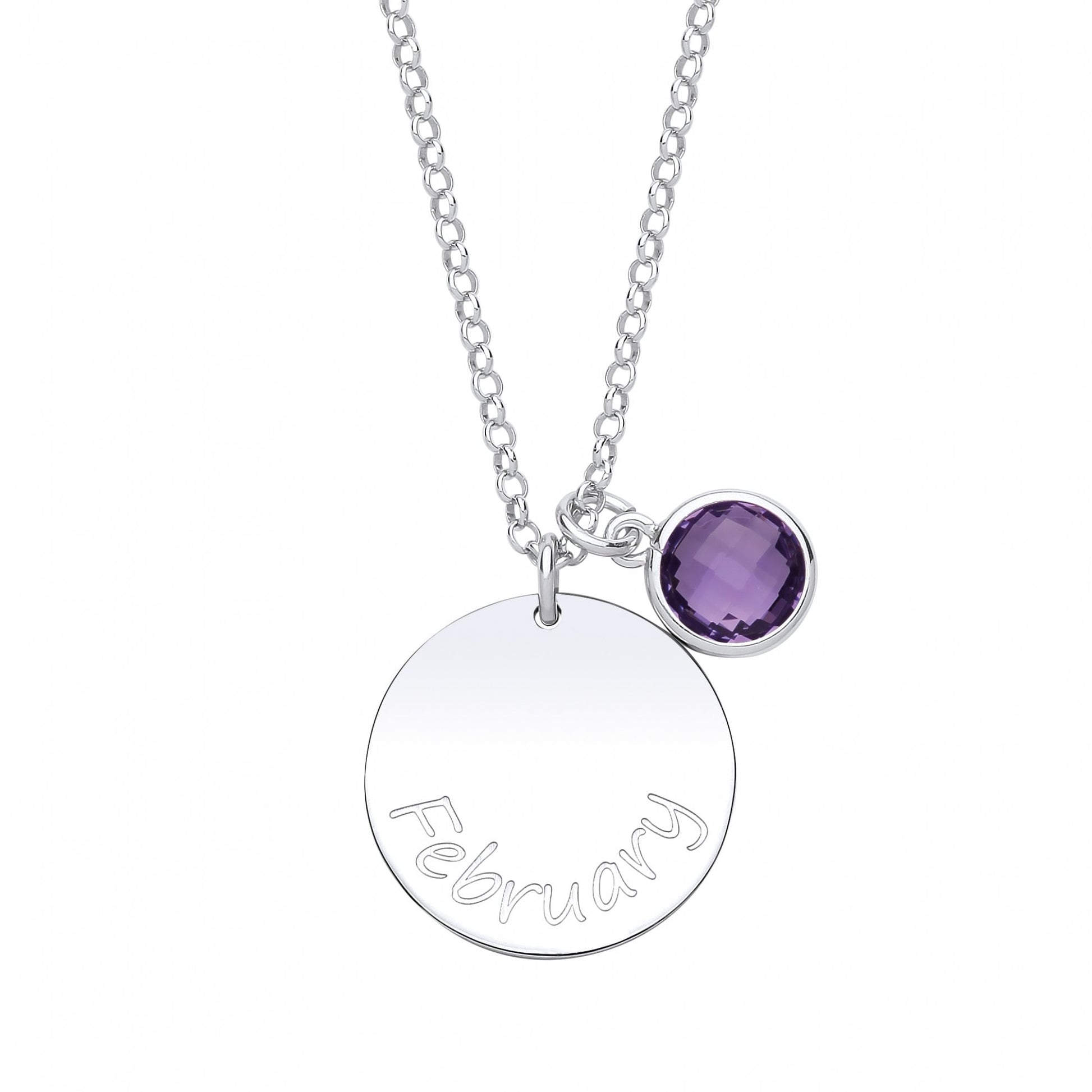 925 Sterling Silver February Amethyst Birthstone Disc Pendant Necklace