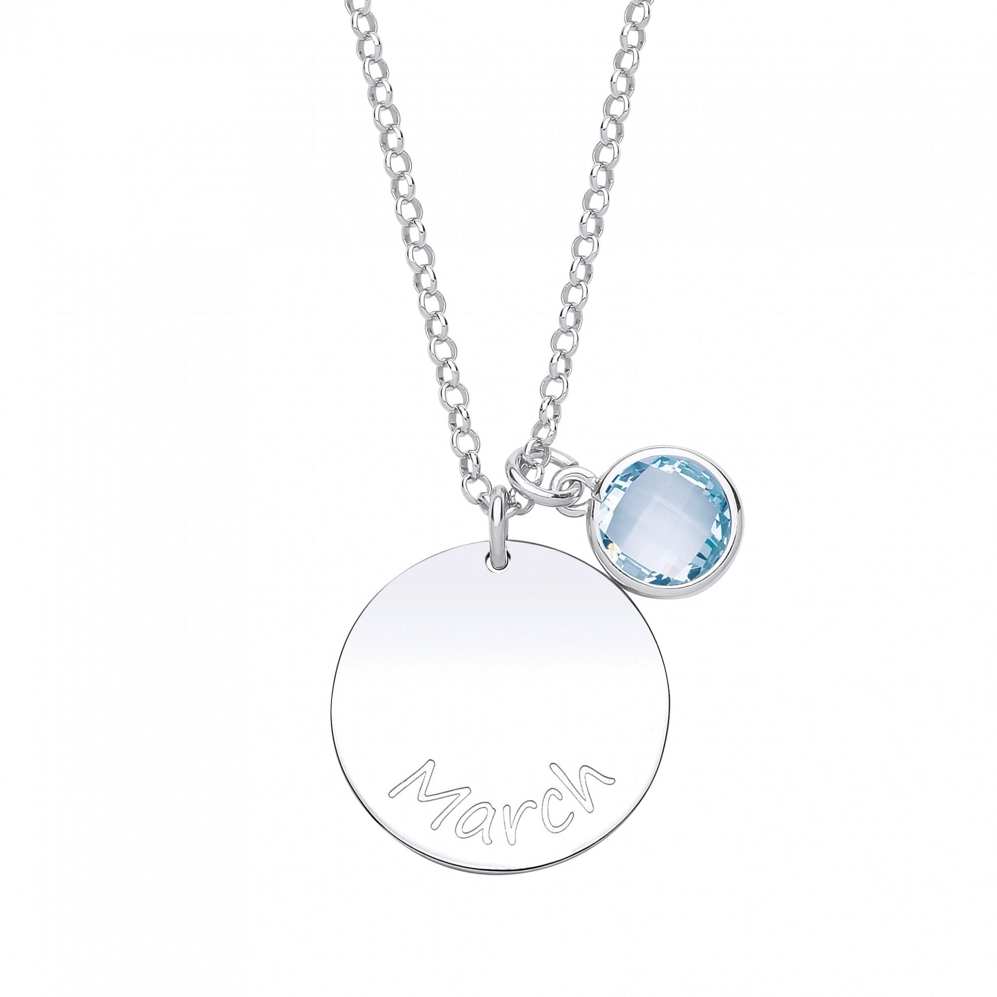 925 Sterling Silver March Aquamarine Birthstone Disc Pendant Necklace