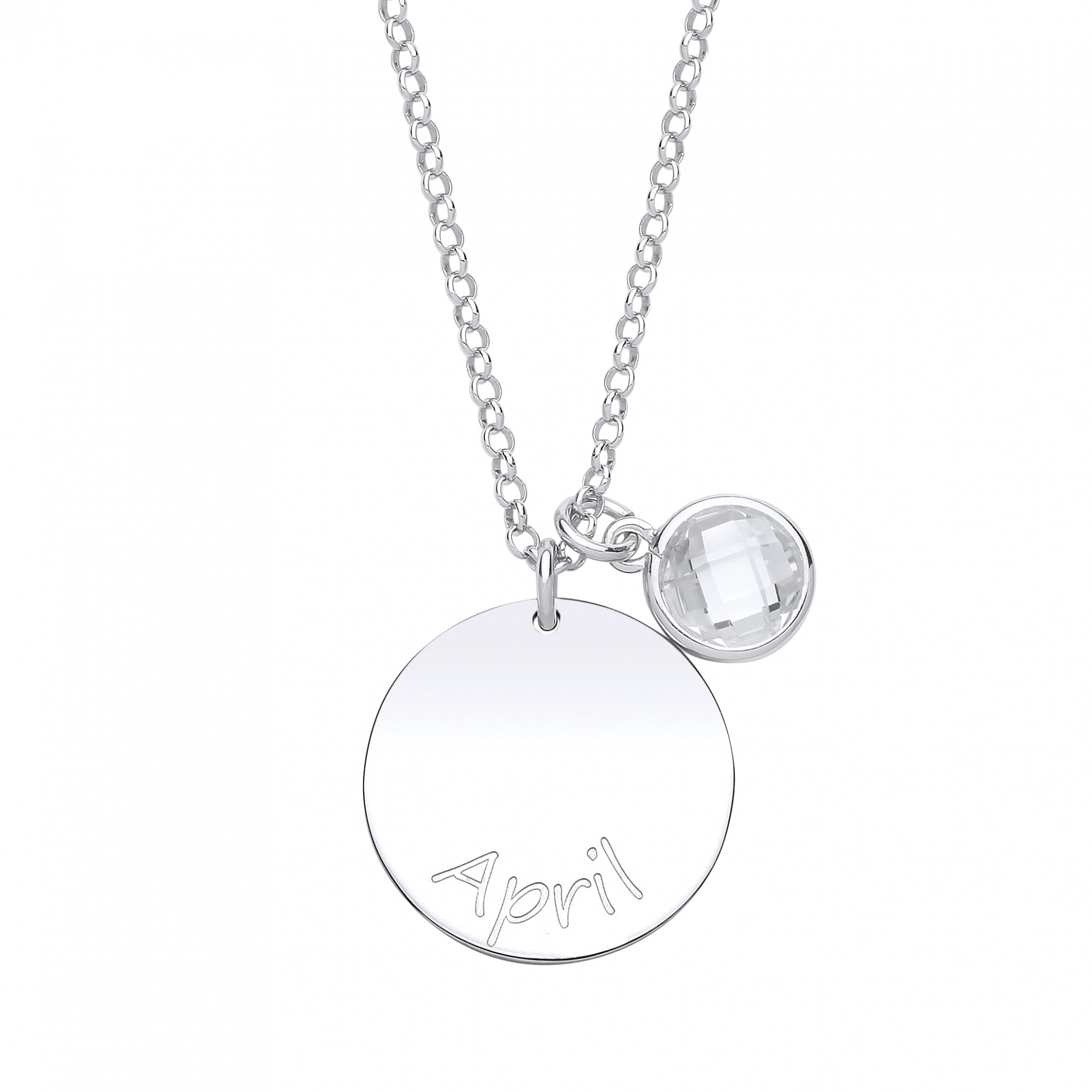 925 Sterling Silver April Crystal Birthstone Disc Pendant Necklace