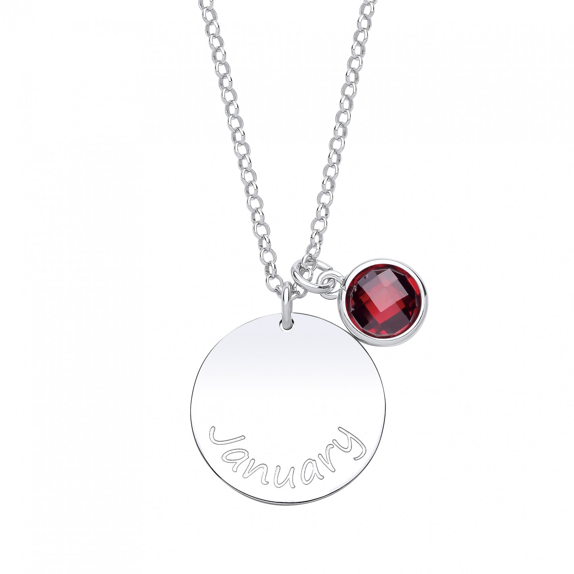 925 Sterling Silver January Garnet Birthstone Disc Pendant Necklace