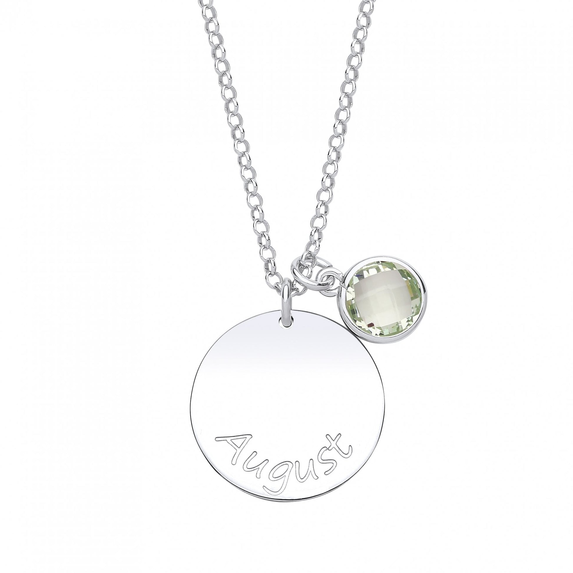 Silver August Peridot Birthstone Disc Pendant Necklace