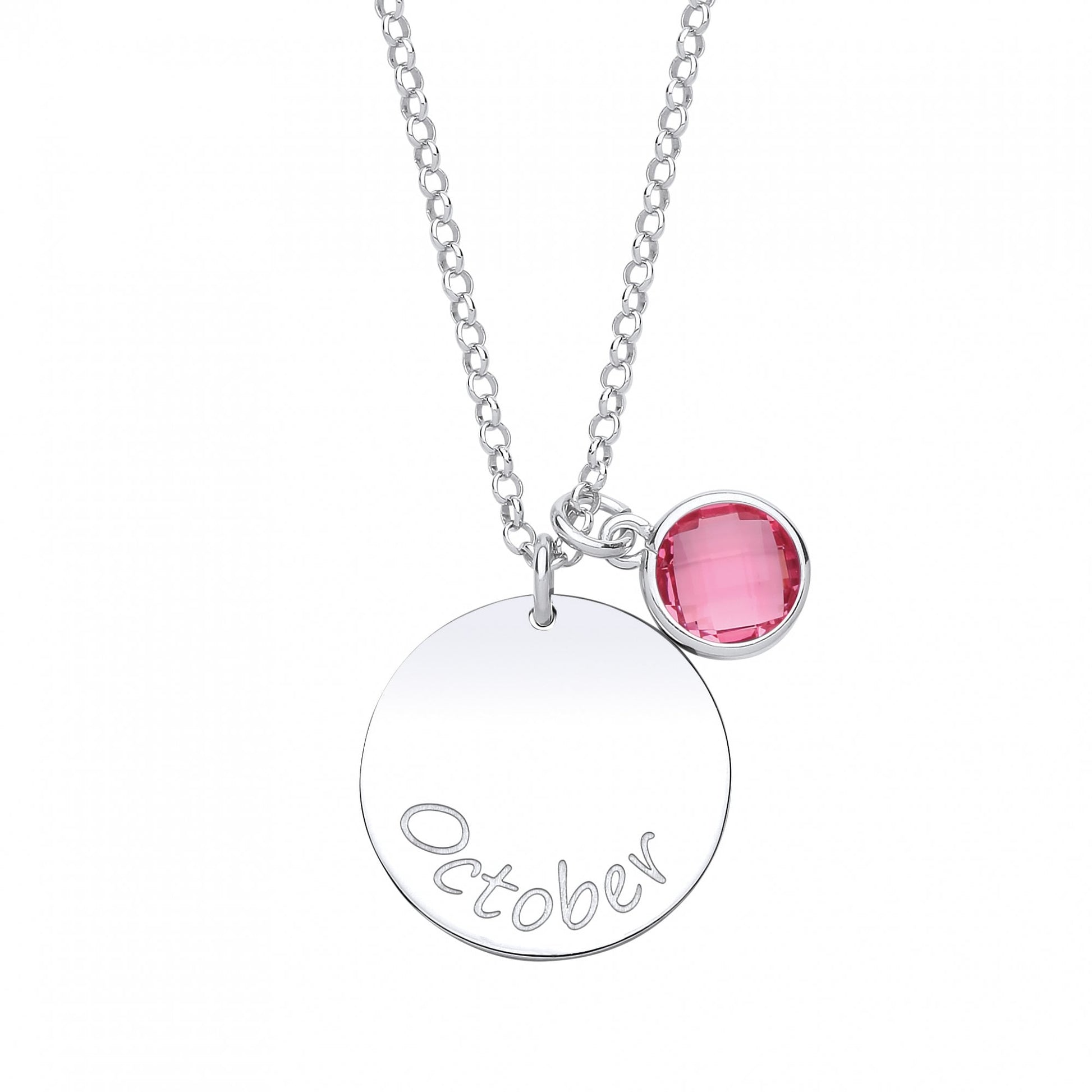 925 Sterling Silver October Pink Tourmaline Birthstone Disc Necklace