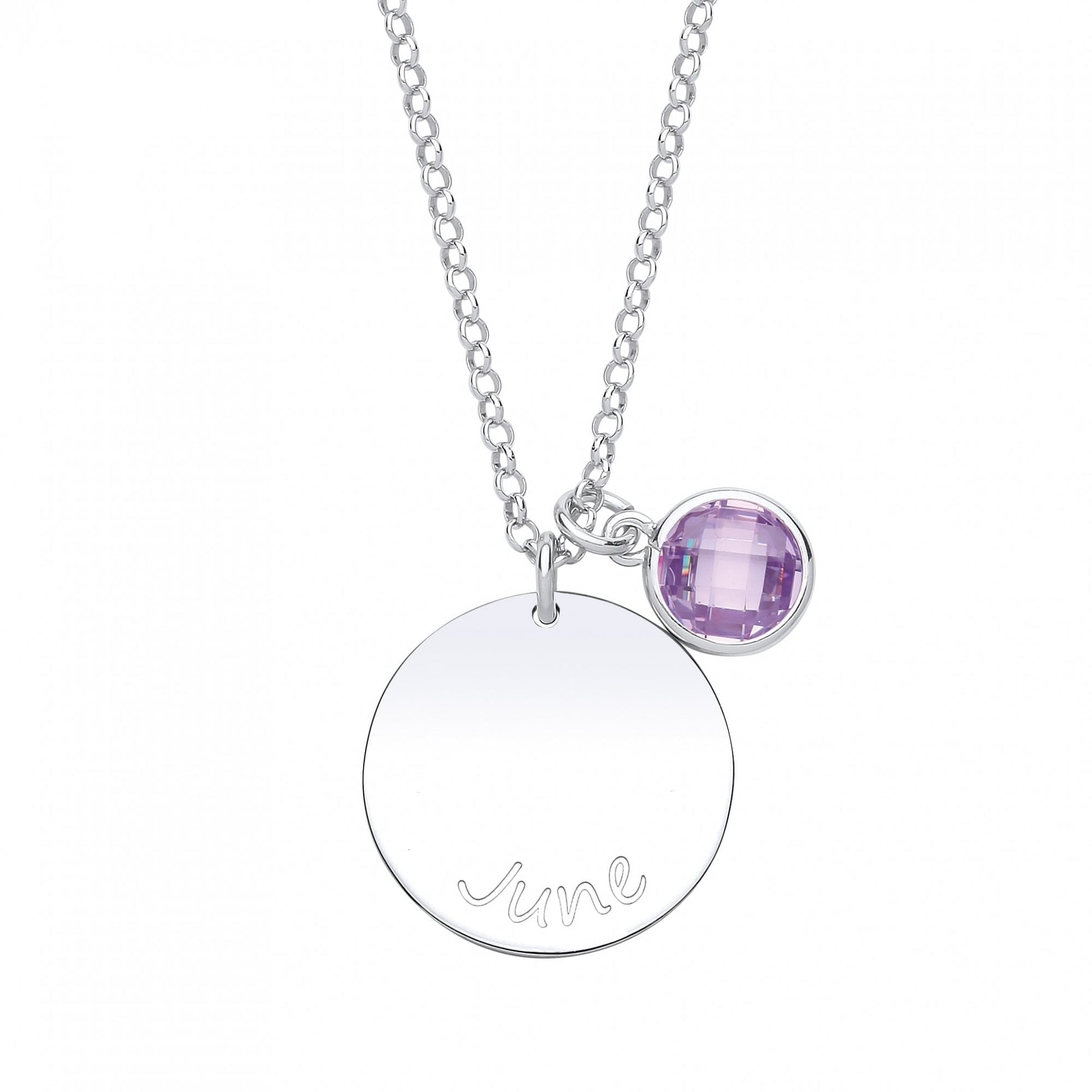 925 Sterling Silver June Violet Birthstone Disc Pendant Necklace