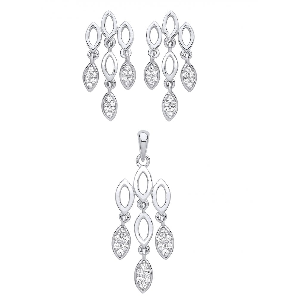 925 Sterling Silver CZ Fancy Drop Earring & Pendant Set