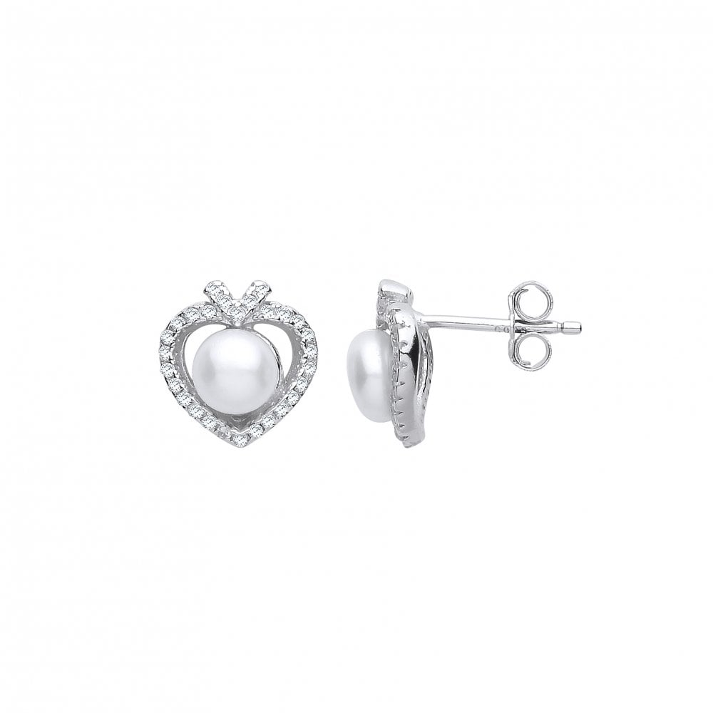 Silver CZ & Pearl Heart Stud Earrings