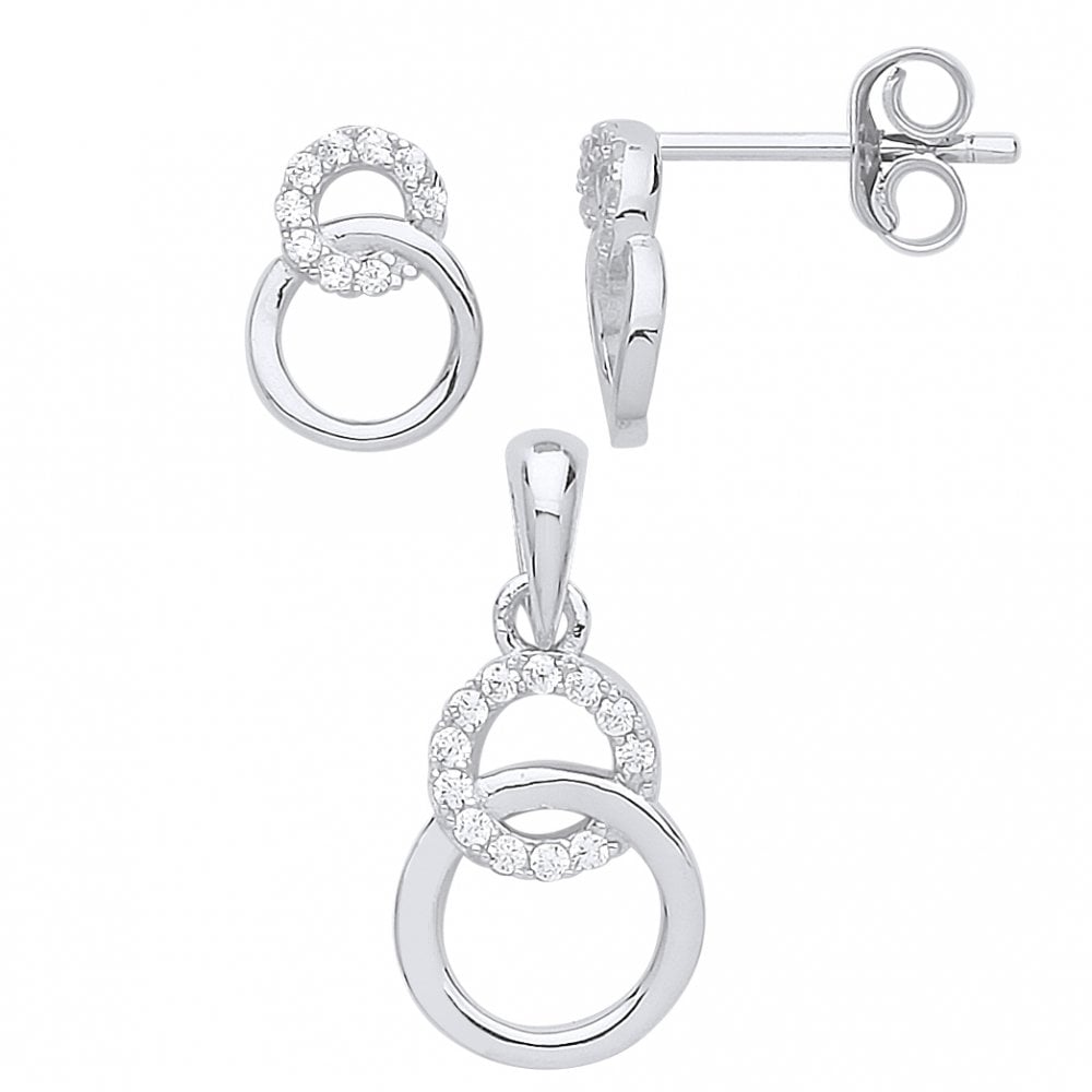 925 Sterling Silver CZ Interlocking Double Circle Earring & Pendant Set