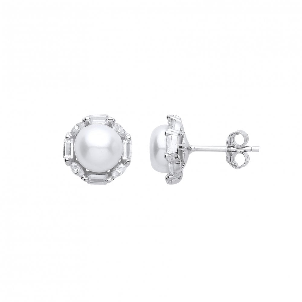 Silver CZ & Pearl Heart Stud Earrings