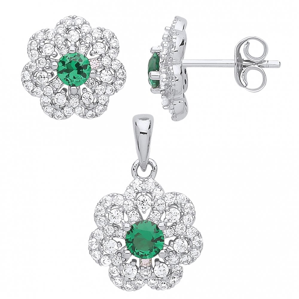 925 Sterling Silver CZ & Emerald Flower Earring & Pendant Set