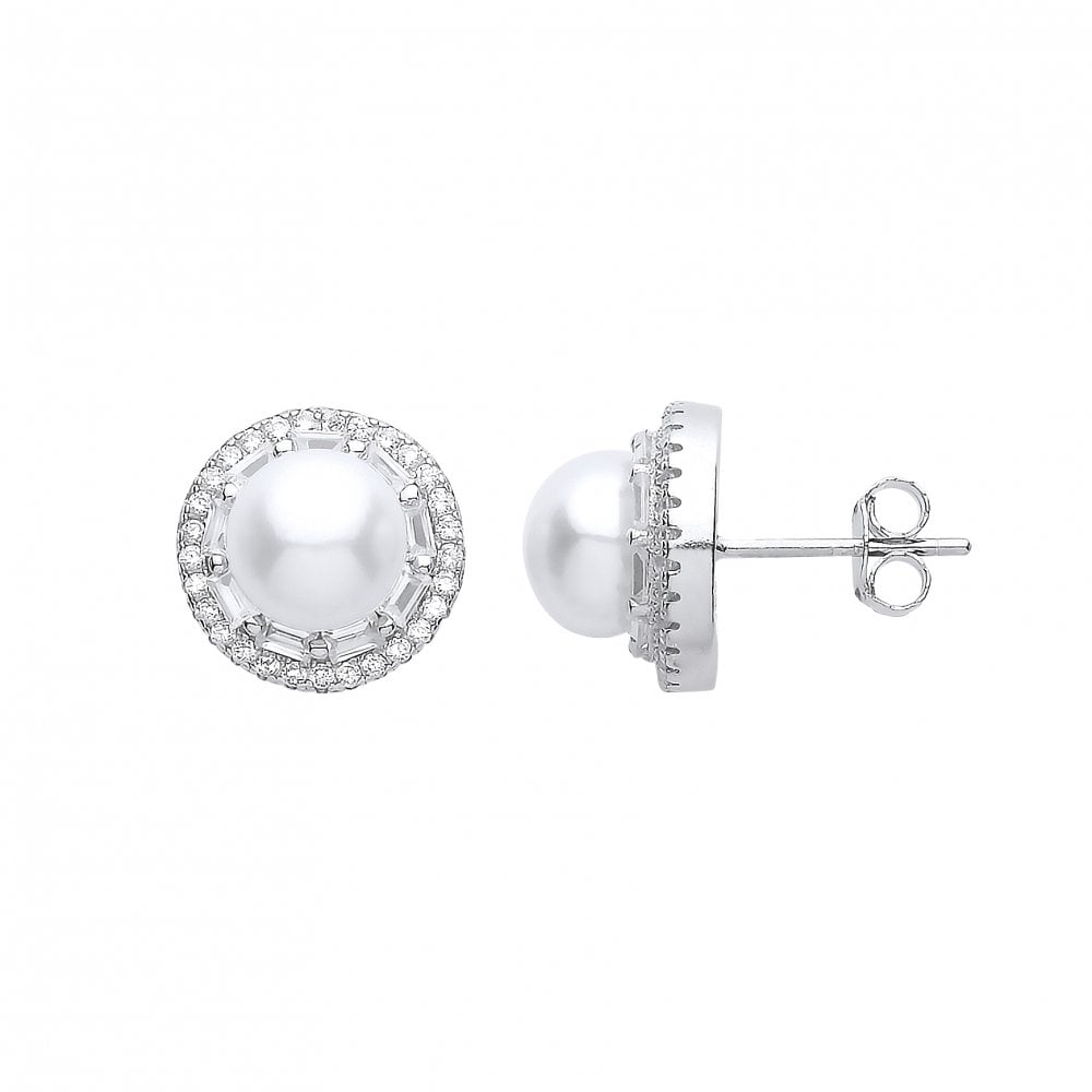 925 Sterling Silver CZ & Pearl Fancy Round Stud Earrings