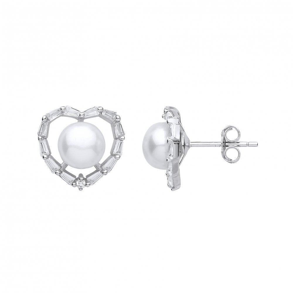 Silver CZ & Pearl Heart Flower Stud Earrings