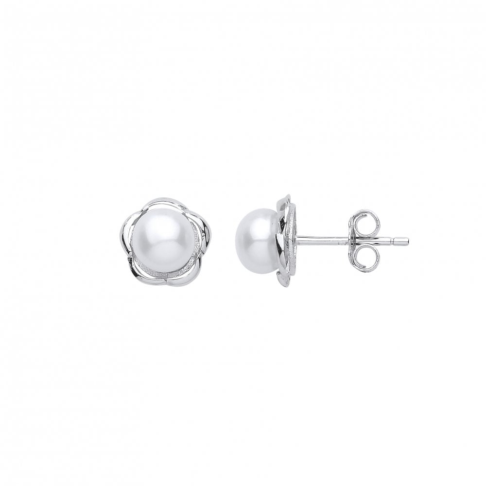 Silver CZ & Pearl Floral Stud Earrings