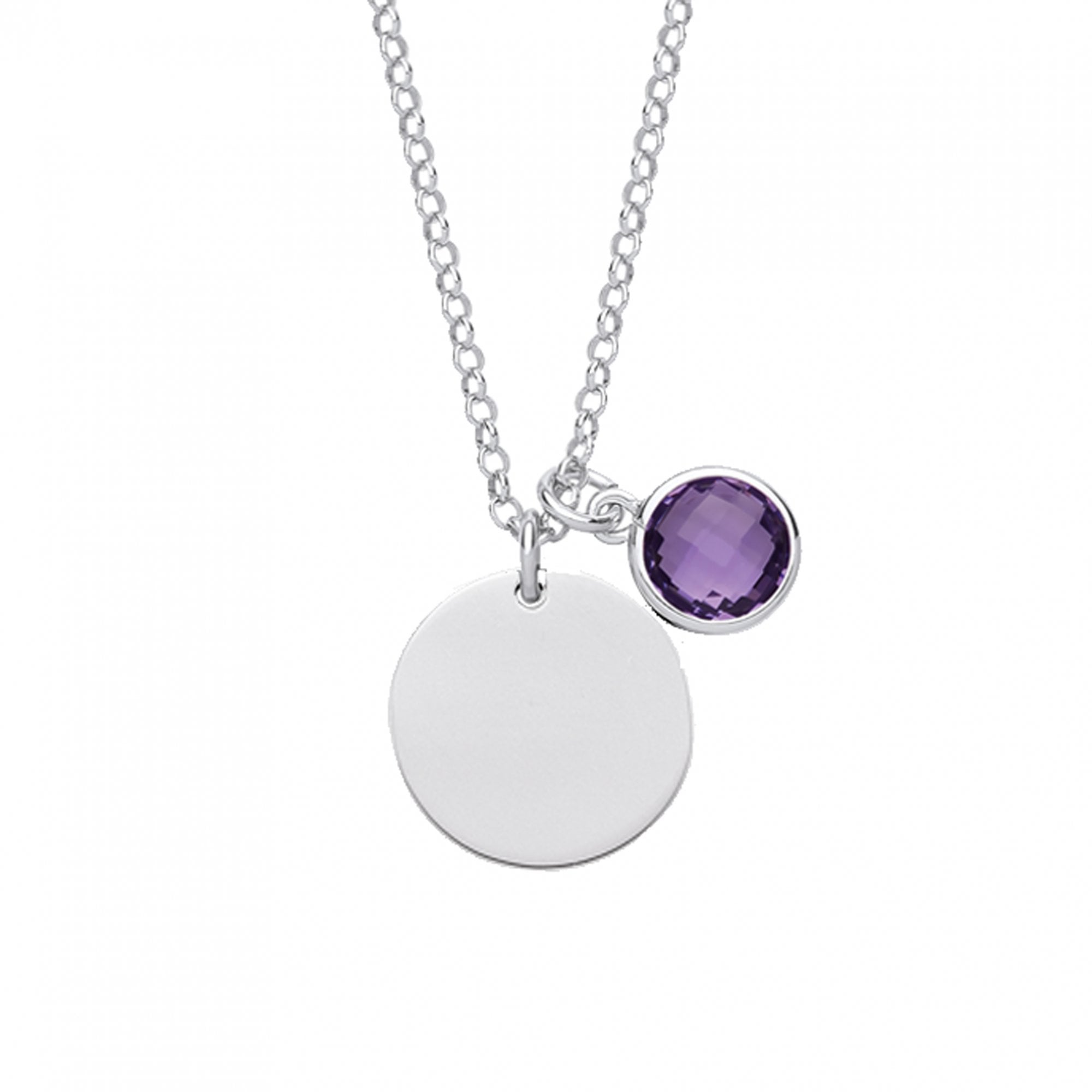 925 Sterling Silver February Amethyst Birthstone Disc Pendant Necklace