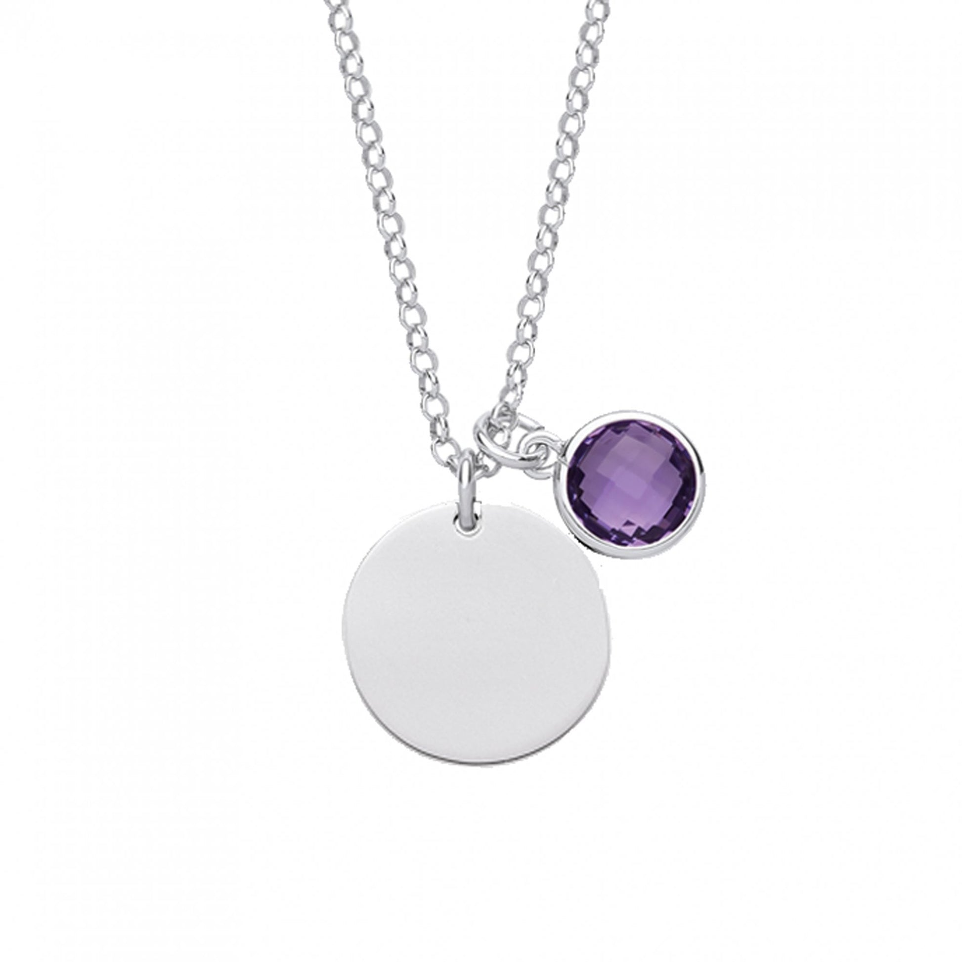 925 Sterling Silver February Amethyst Birthstone Disc Pendant Necklace