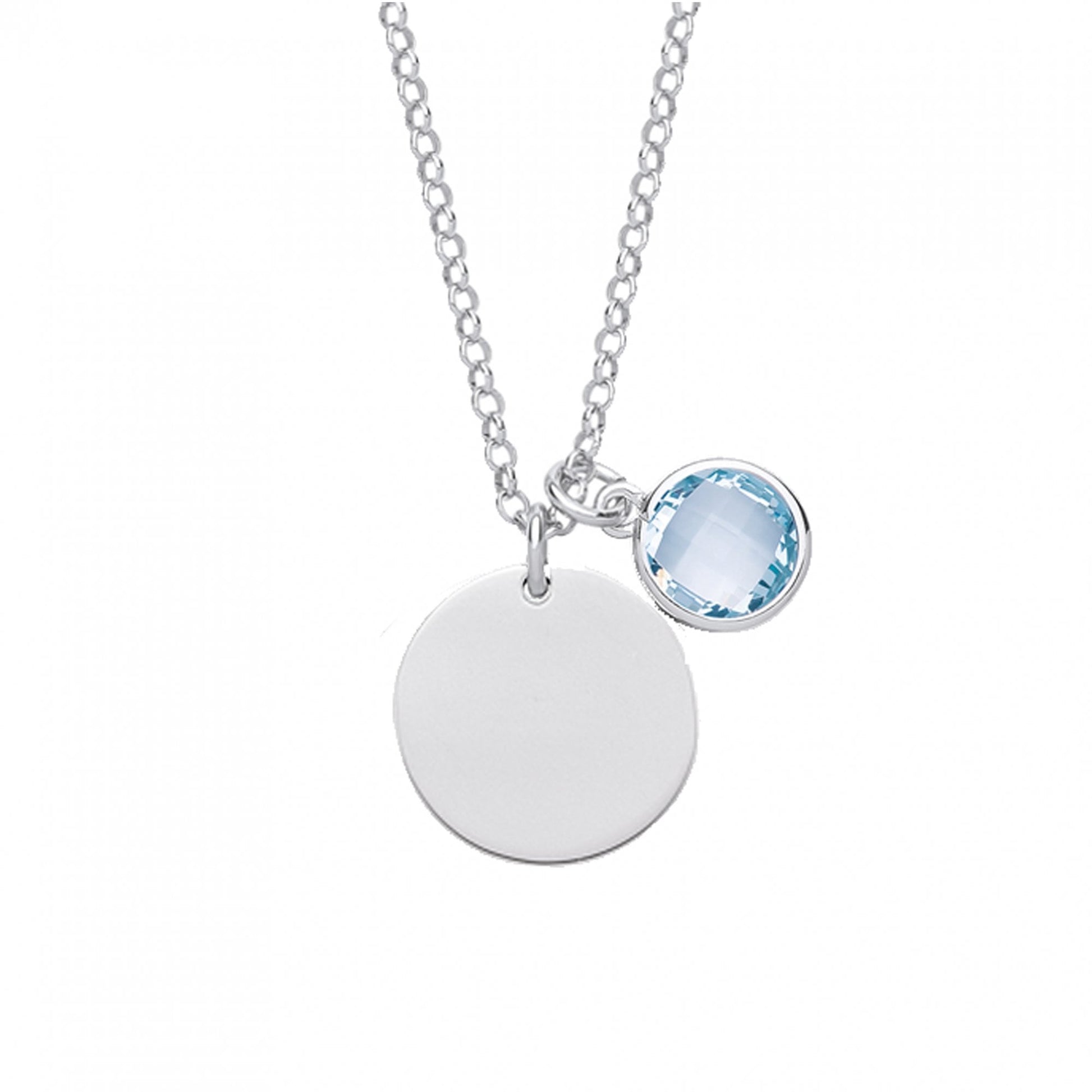 925 Sterling Silver March Aquamarine Birthstone Disc Pendant Necklace