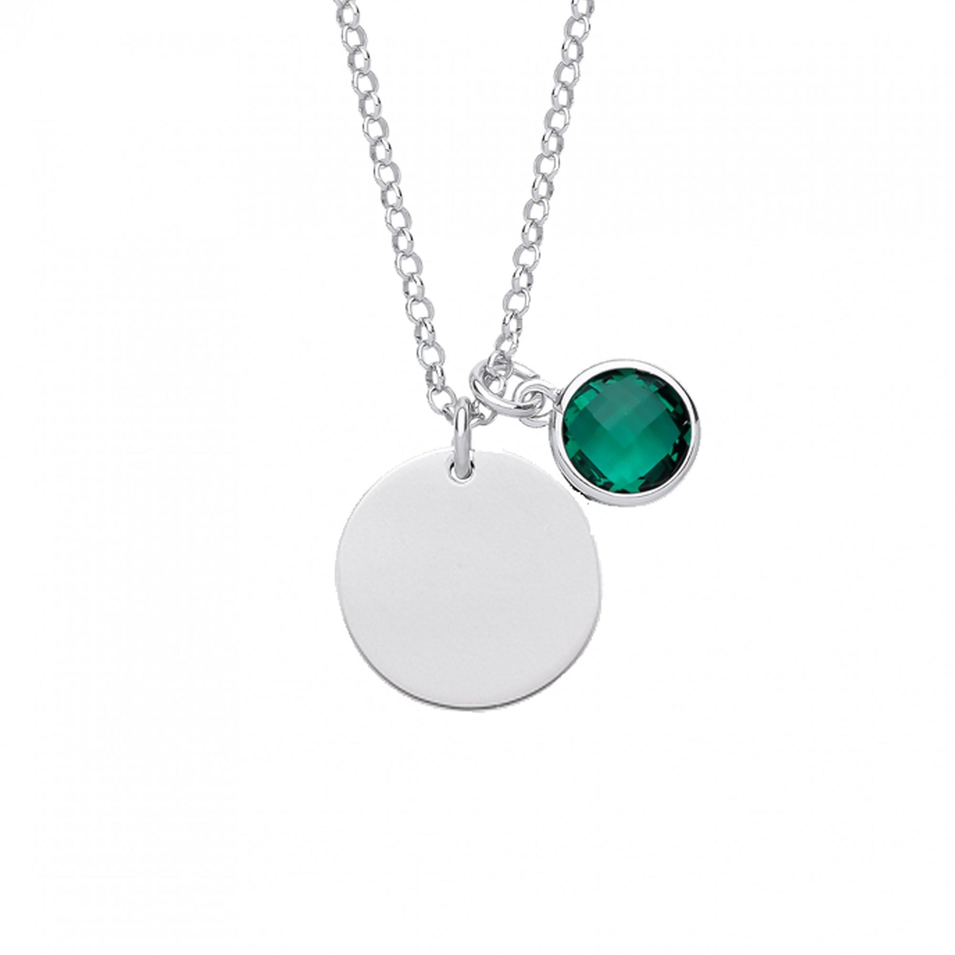 925 Sterling Silver May Emerald Birthstone Disc Pendant Necklace