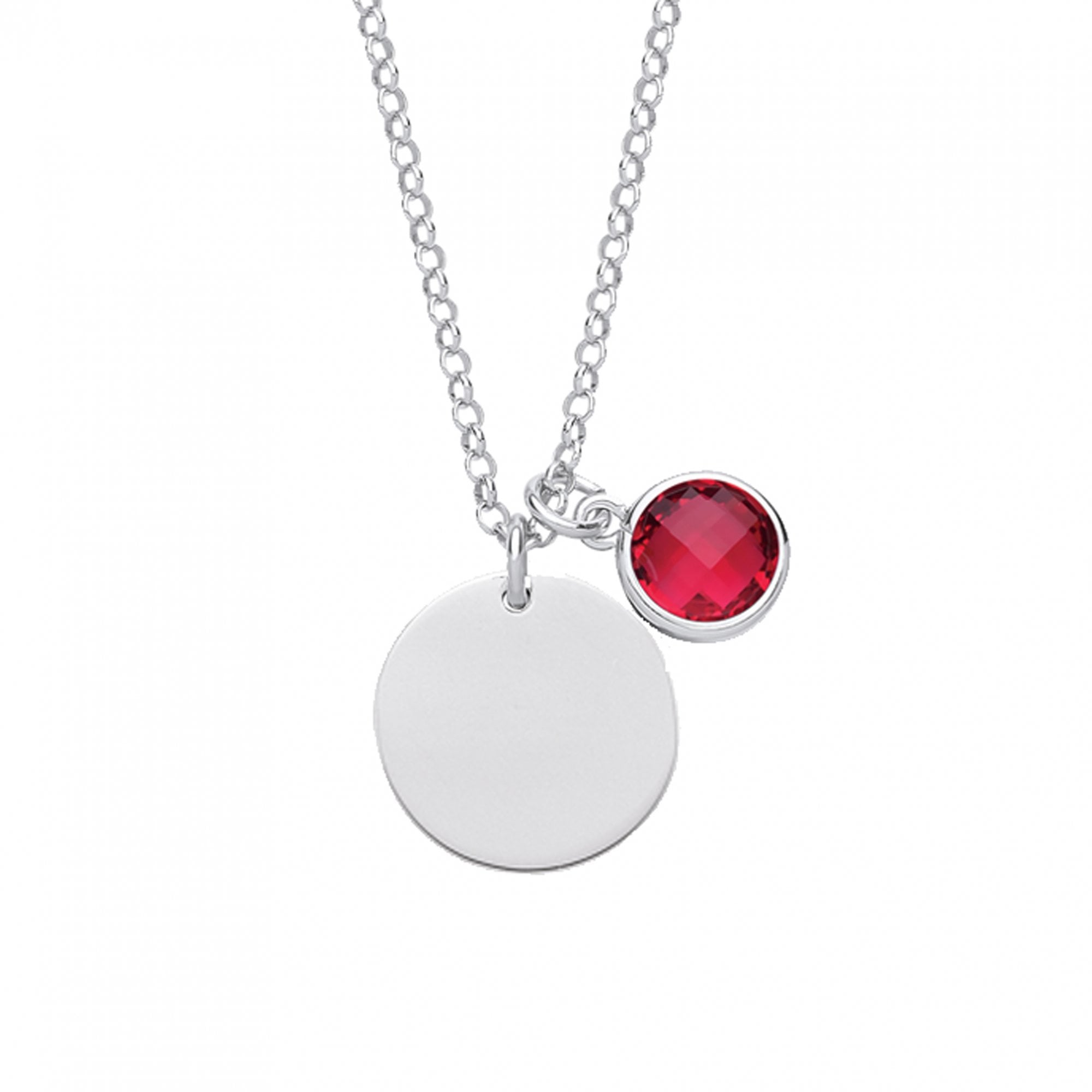 925 Sterling Silver July Ruby Birthstone Disc Pendant Necklace